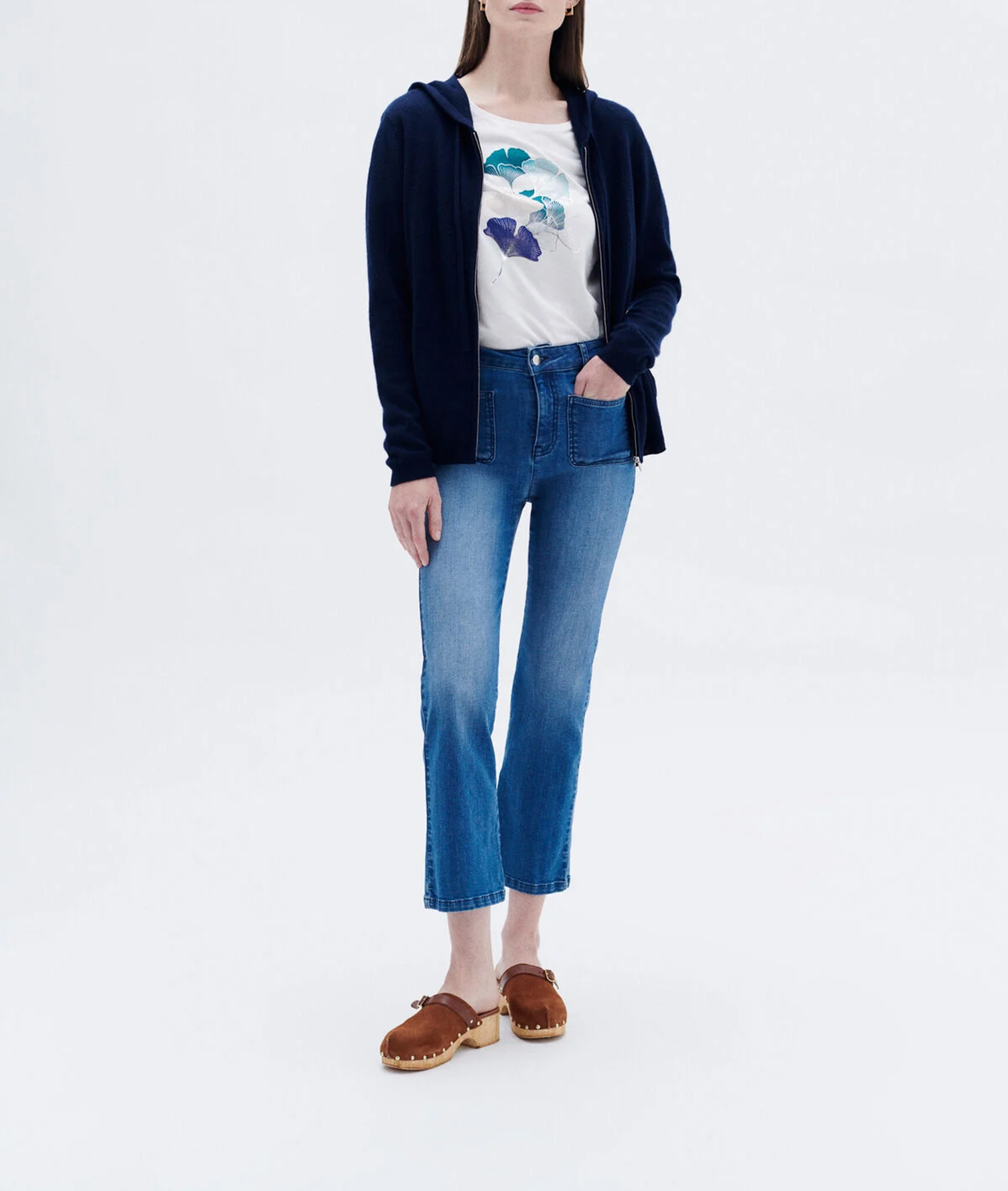 Gerader Woll- und Kaschmir-Strickmantel mit Kapuze CAROLL Blau