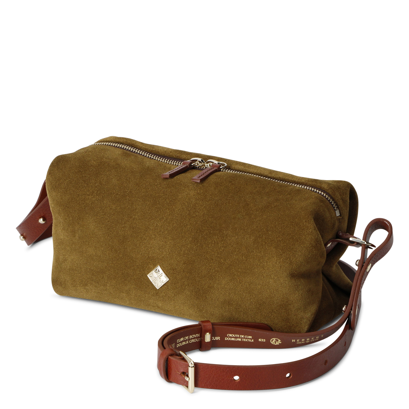 Pochette zippée en cuir suédé HERBERT FRERE SOEUR Marron