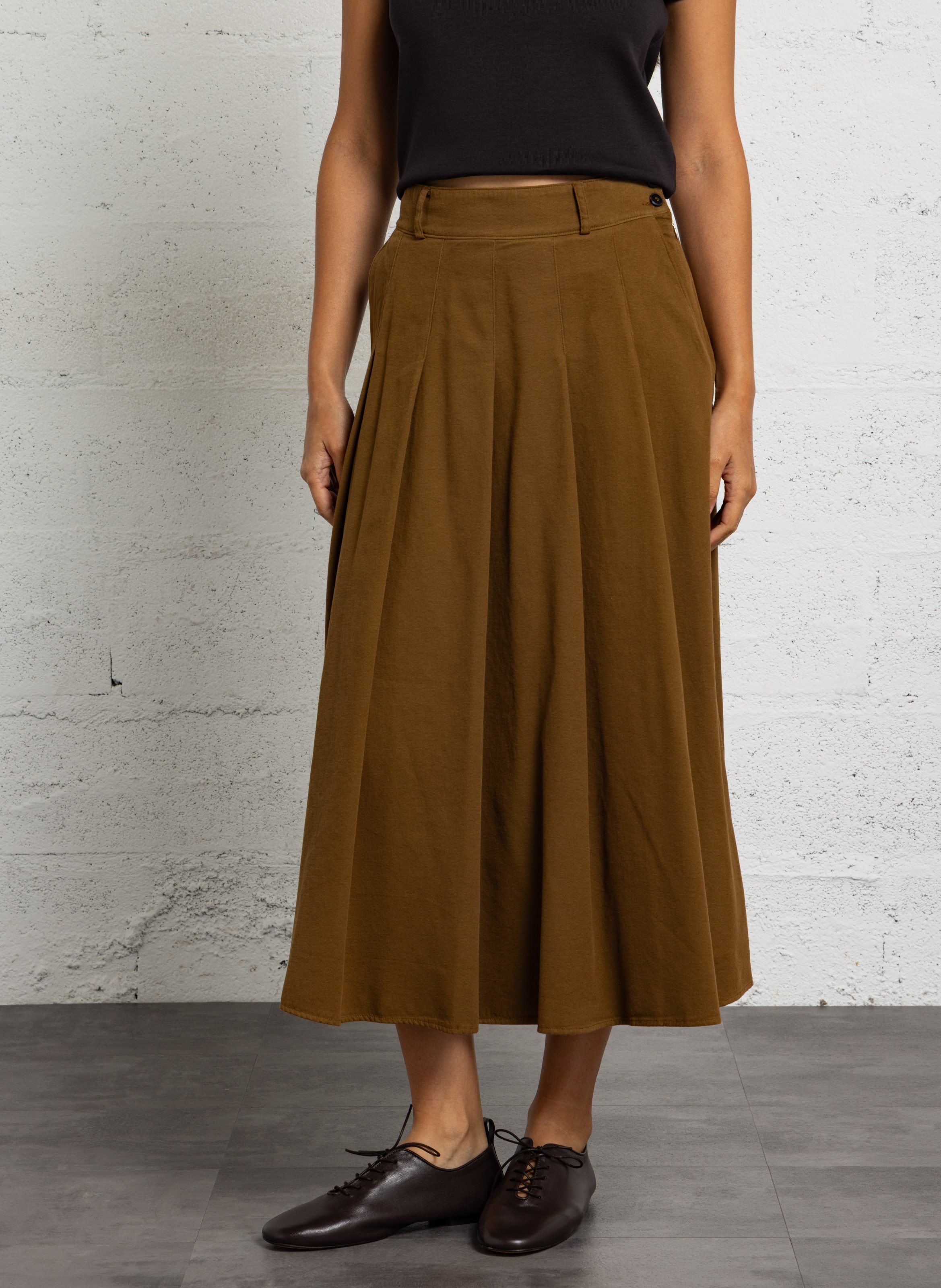 Pleated midi skirt in cotton and wool POMANDERE Brown