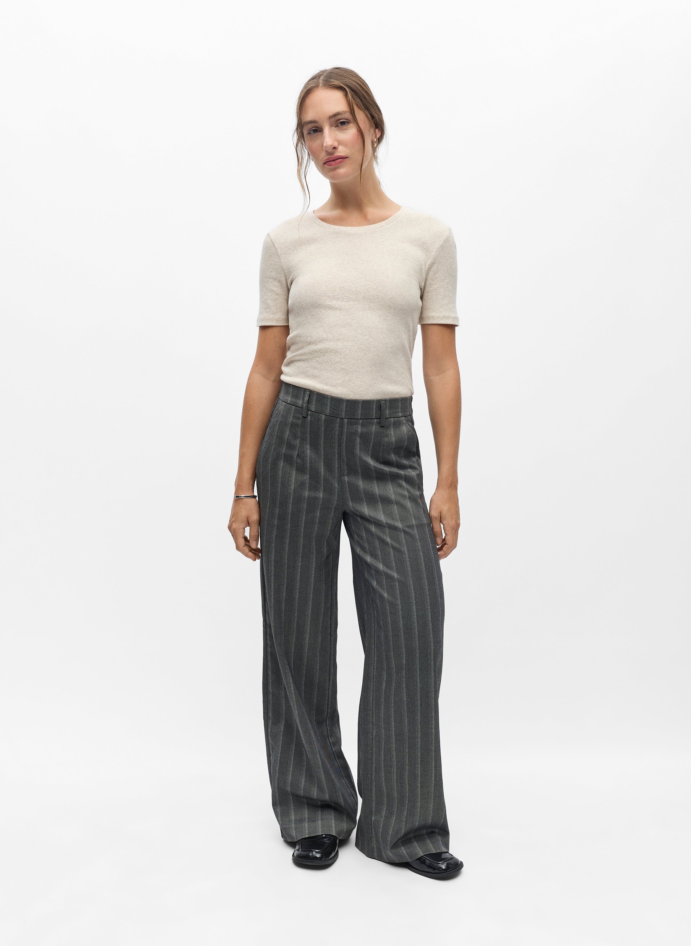 Straight high-waisted striped pants OBJECT Grey