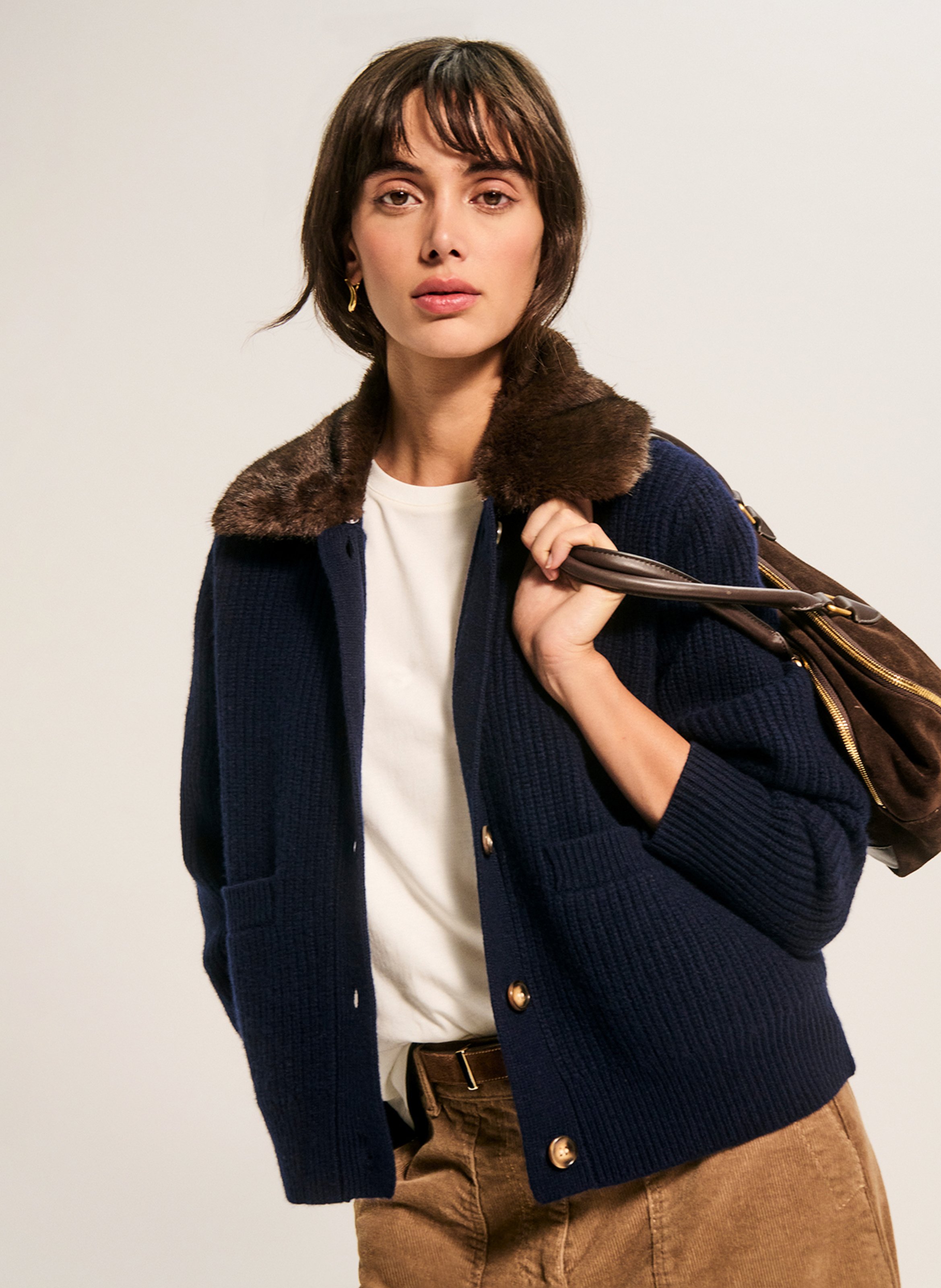Straight gilet with fur collar in cashmere PABLO Blue