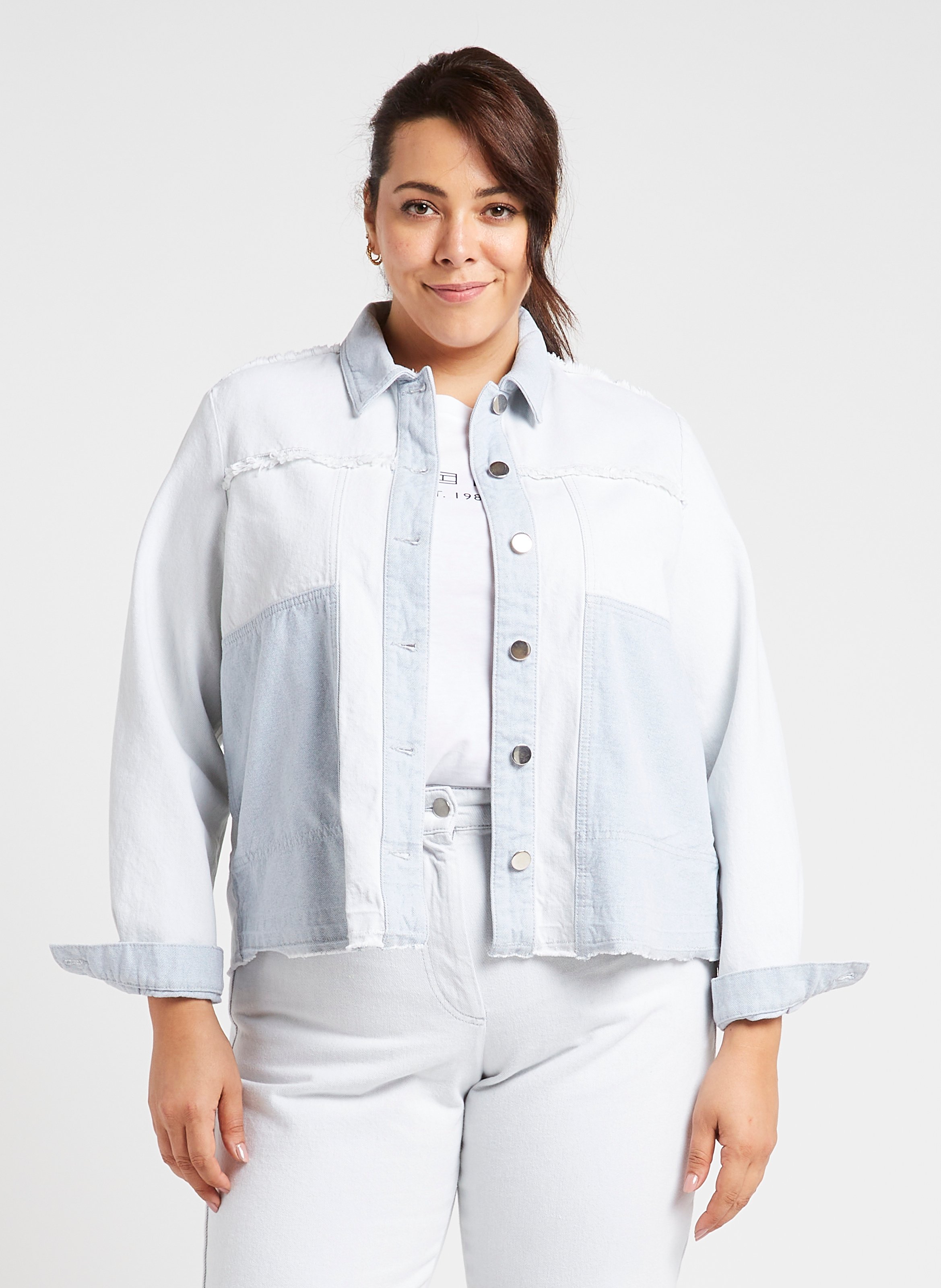 Veste en jean droite patchwork en coton PERSONA by Marina Rinaldi Bleu