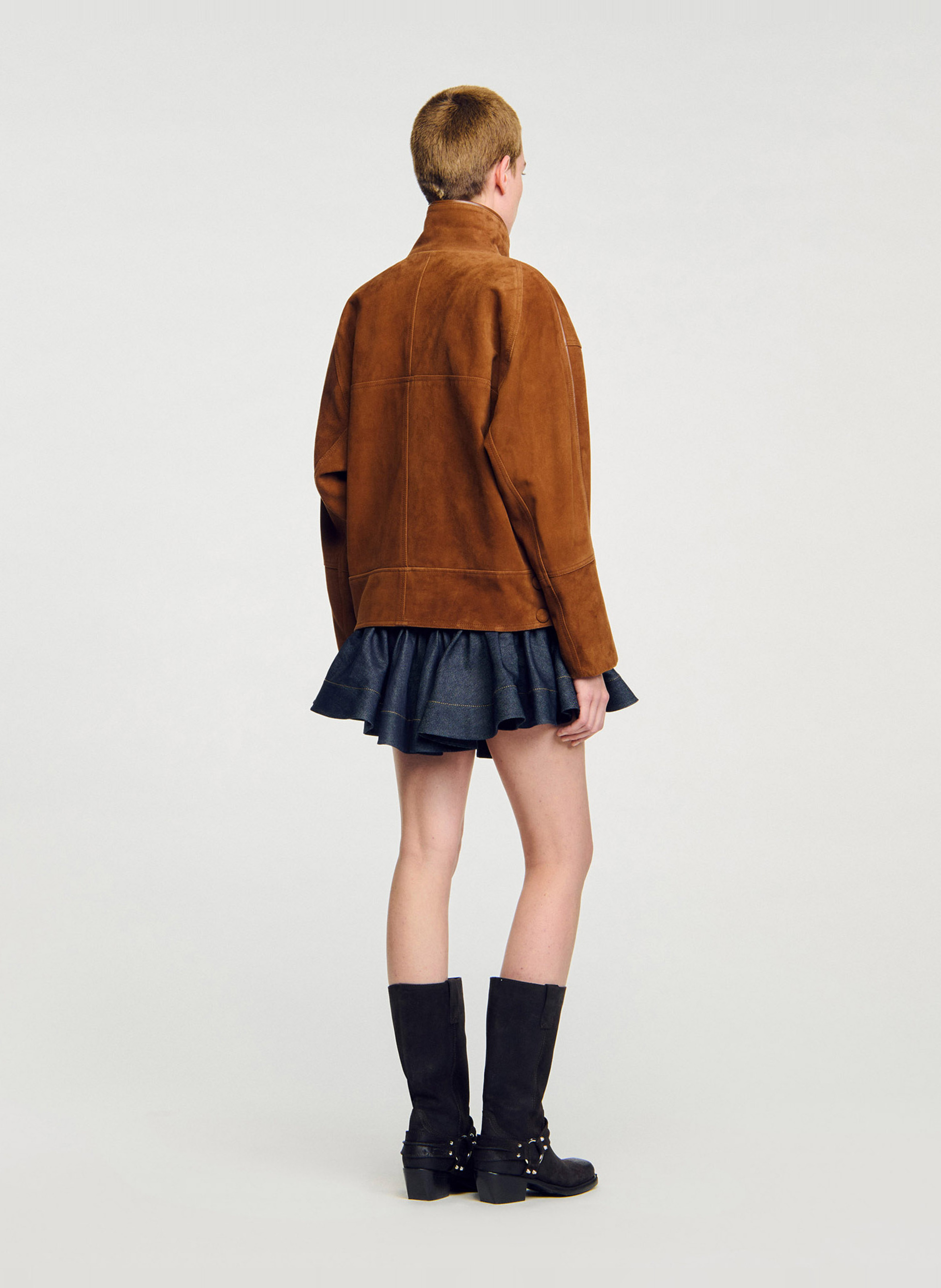 Veste col classique en cuir velours SANDRO Marron