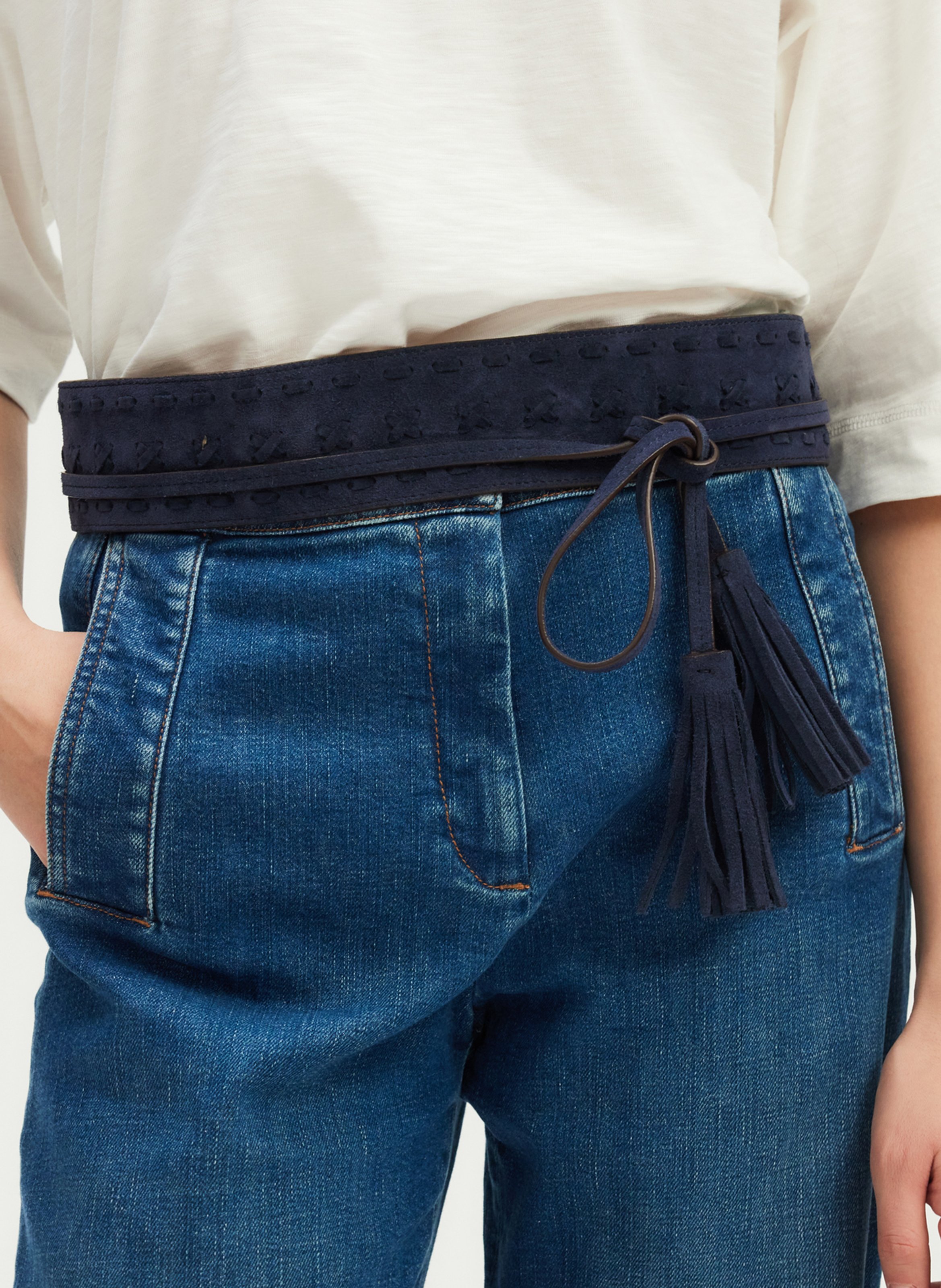 Leather tie belt PABLO Blue