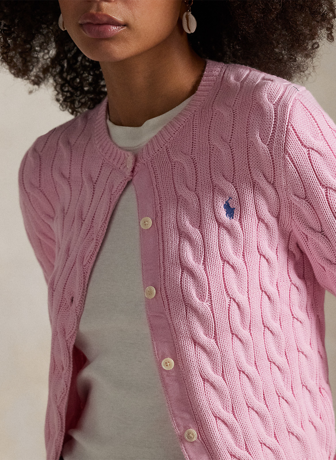 Cardigan droit col rond en coton POLO RALPH LAUREN Rose
