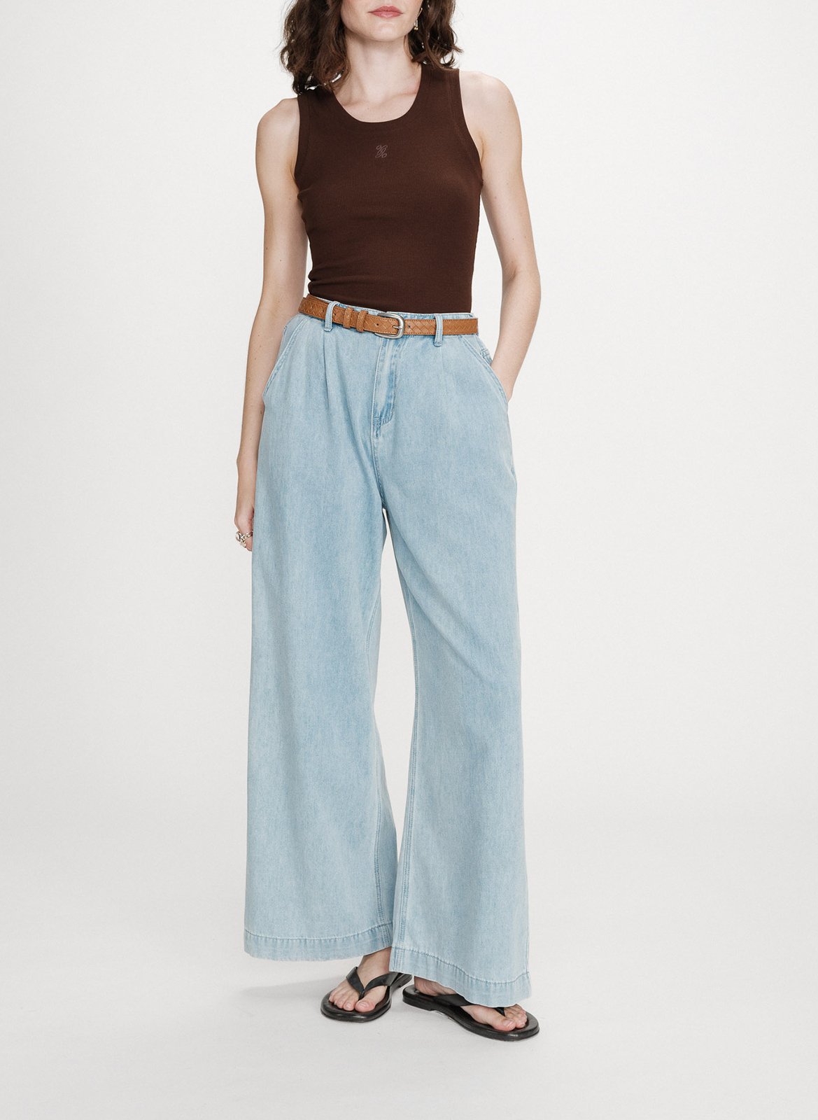 Cotton-blend tank top with round neck Brown