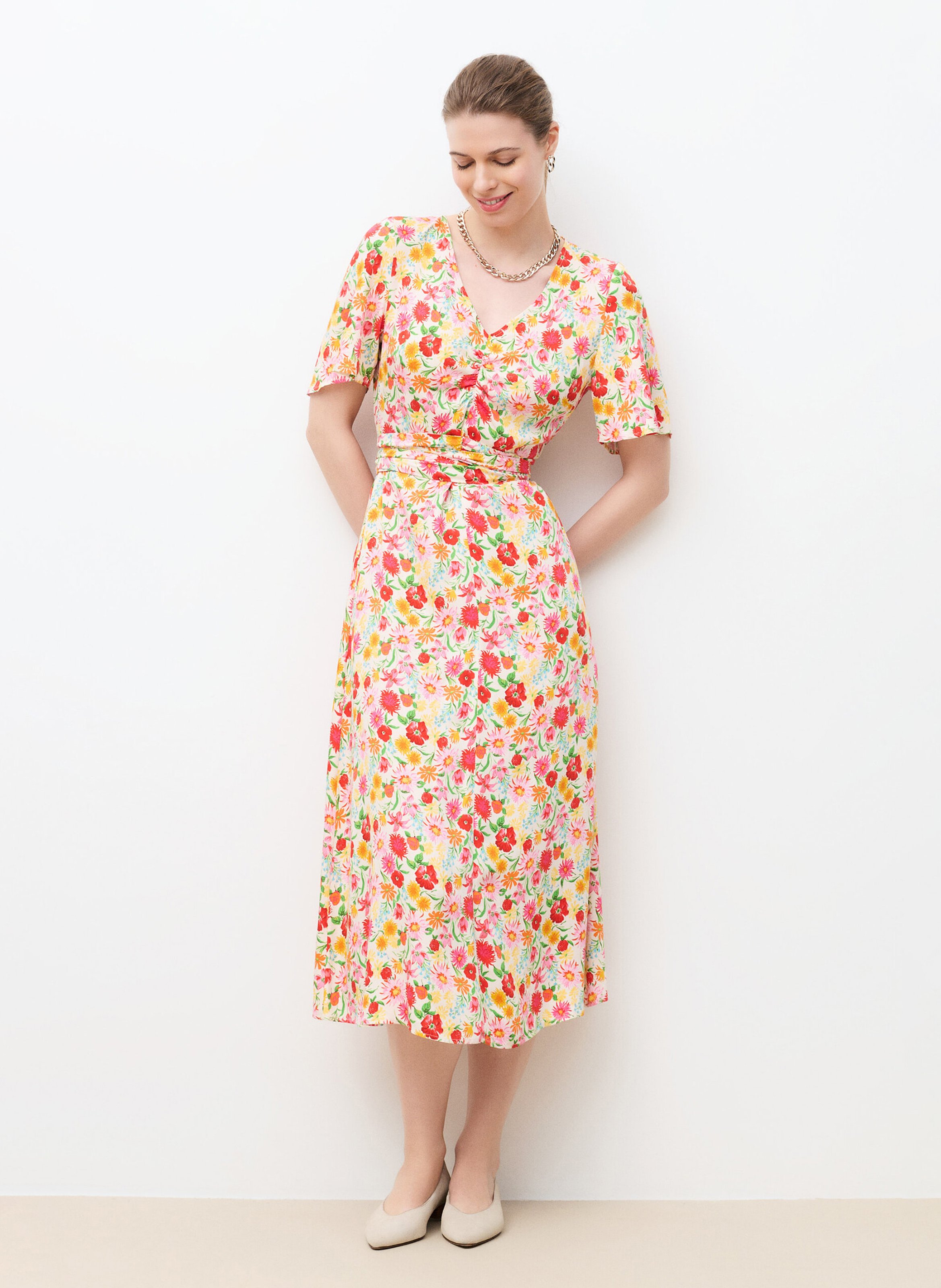 Robe midi col V imprimée CAROLL