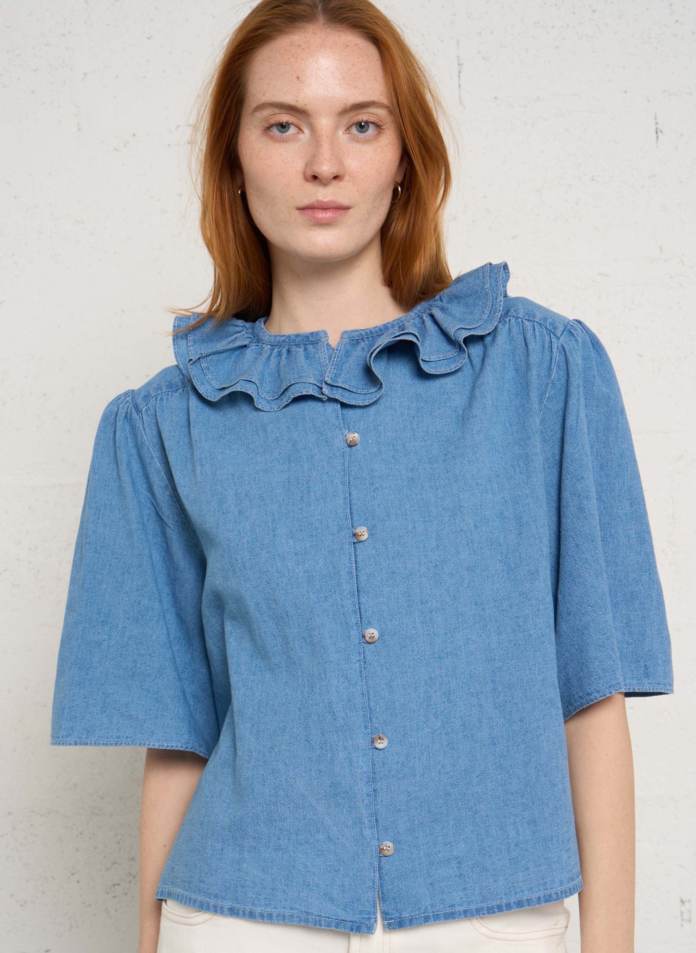 Blouse van gemengd linnen met ronde hals SUZIE WINKLE Blauw