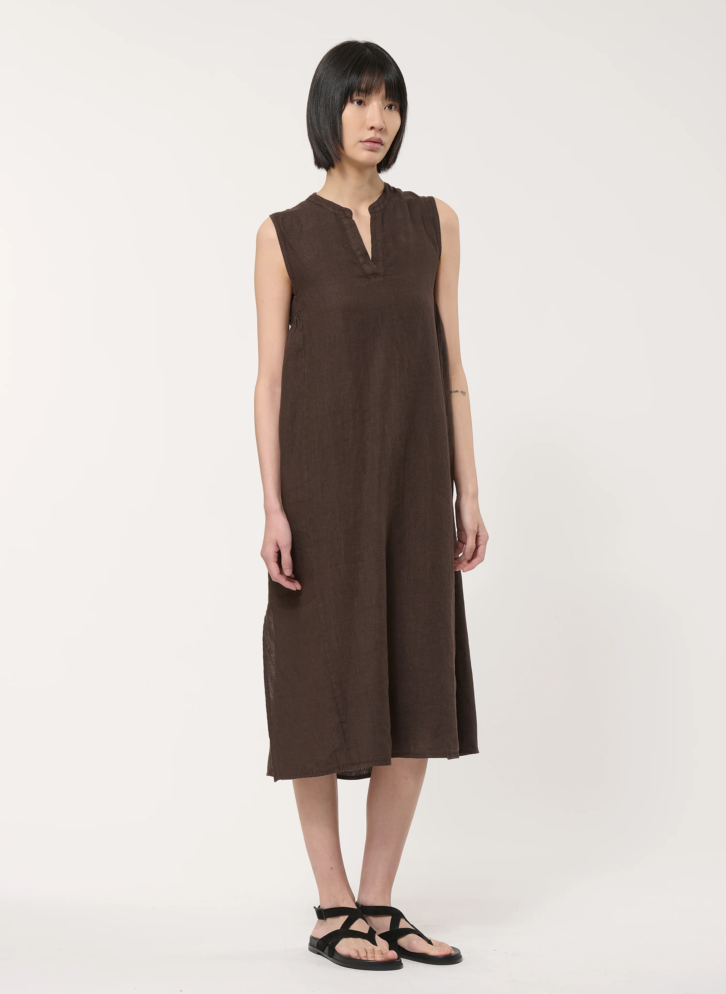 Long linen henley dress HUMILITY Brown