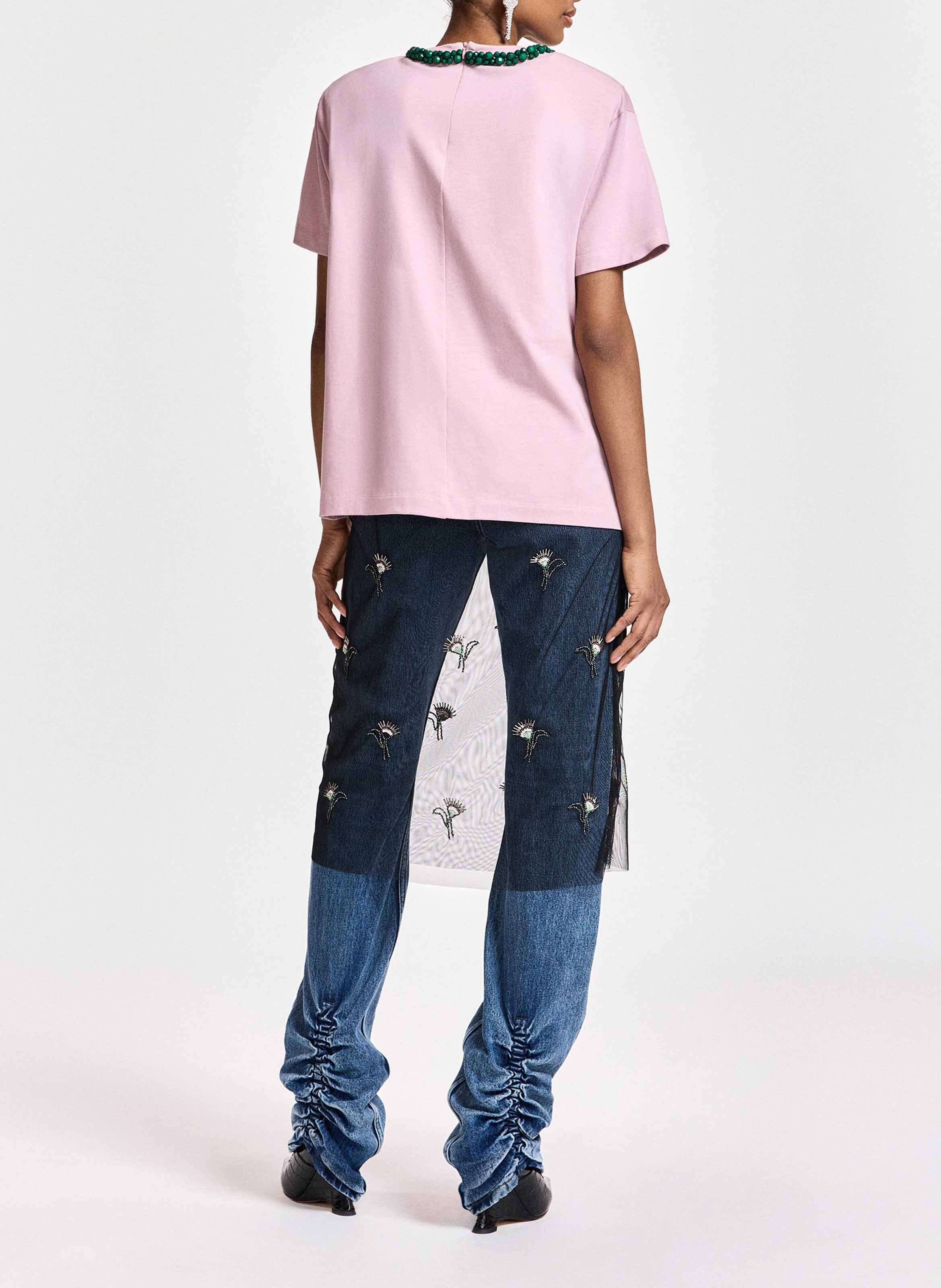 Recht T-shirt met parels van biologisch katoen ESSENTIEL ANTWERP Roze