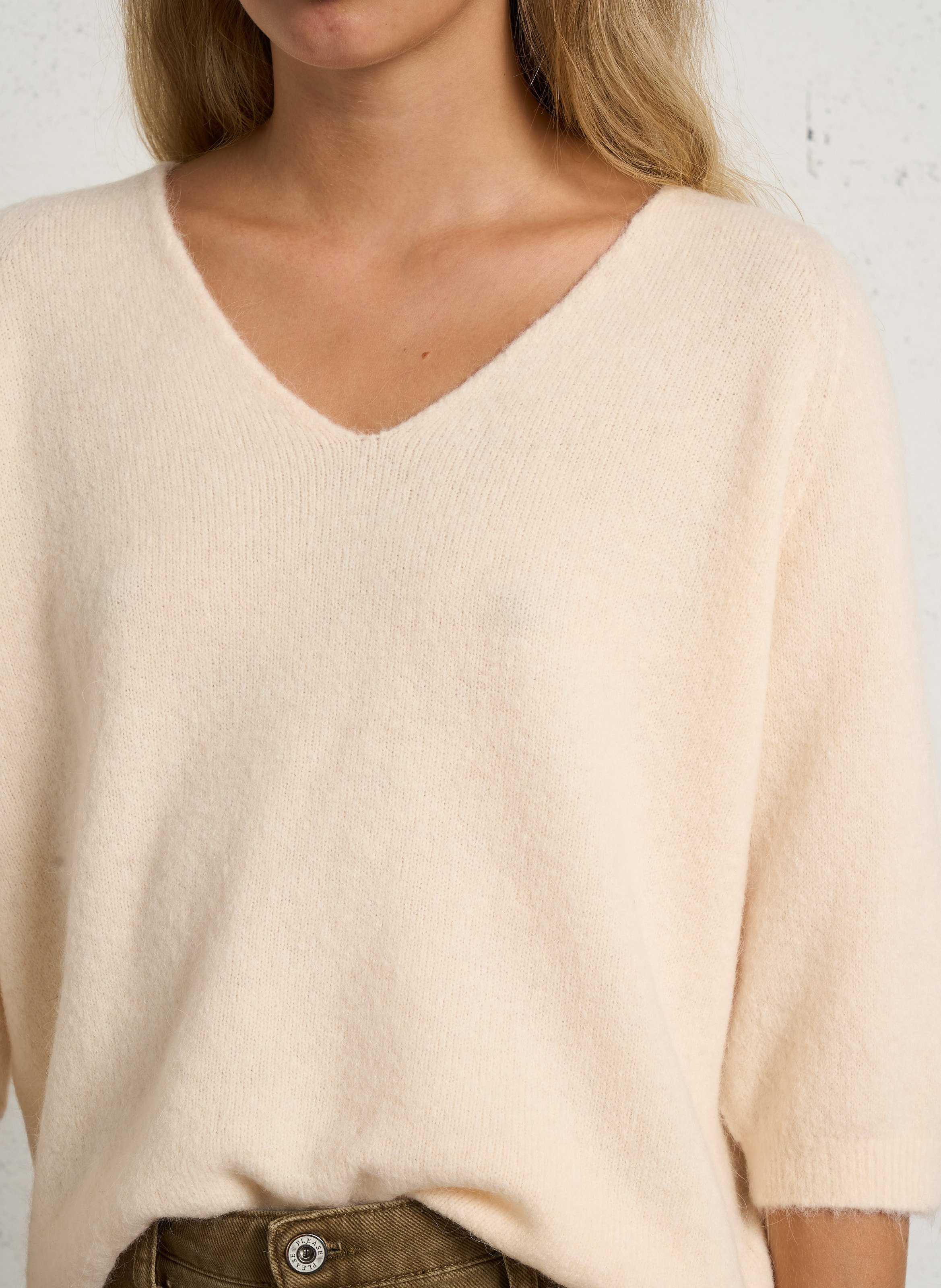 Oversized trui met V-hals PLEASE Beige