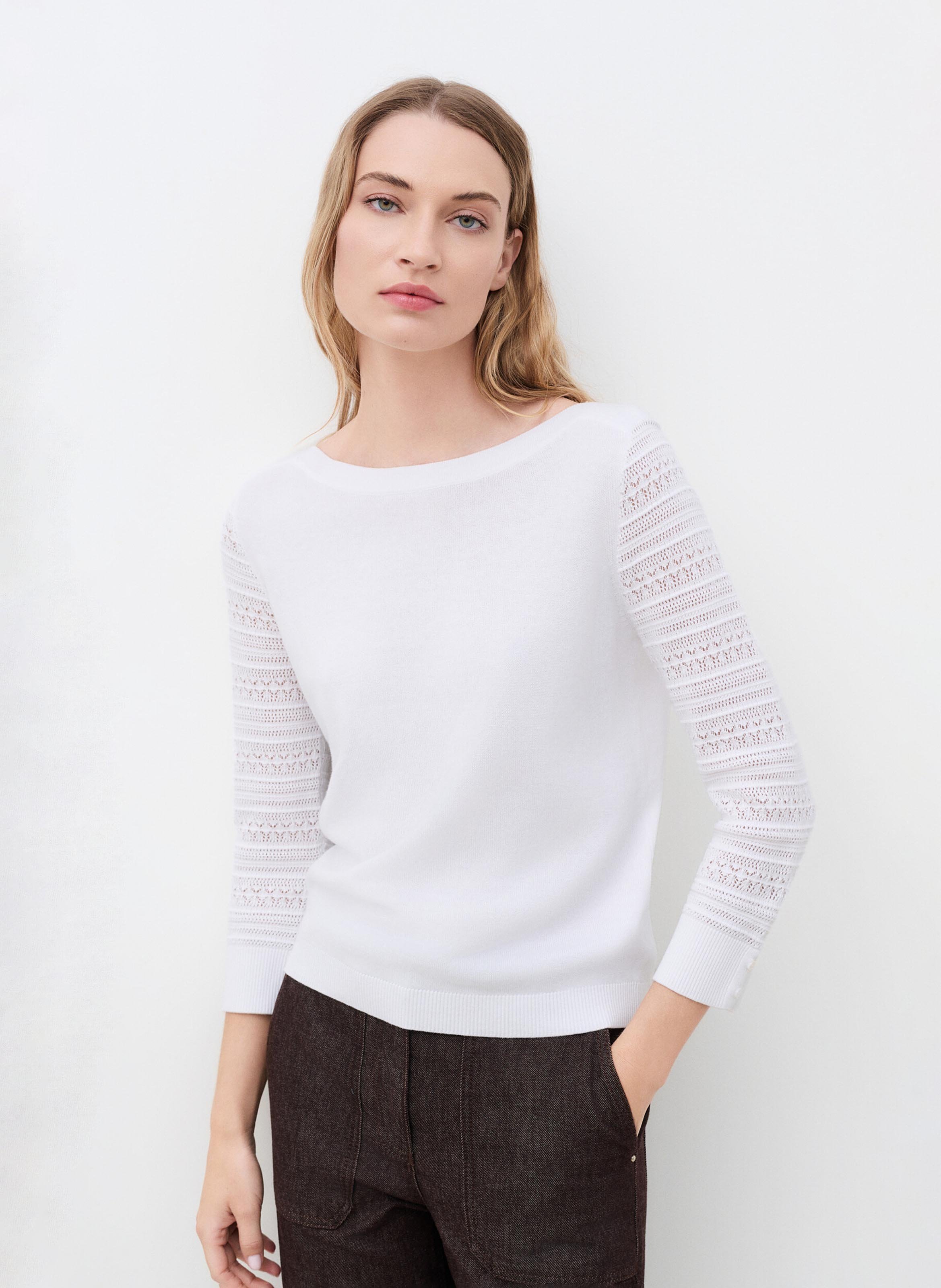Pull cintré col rond en coton mélangé CAROLL Beige