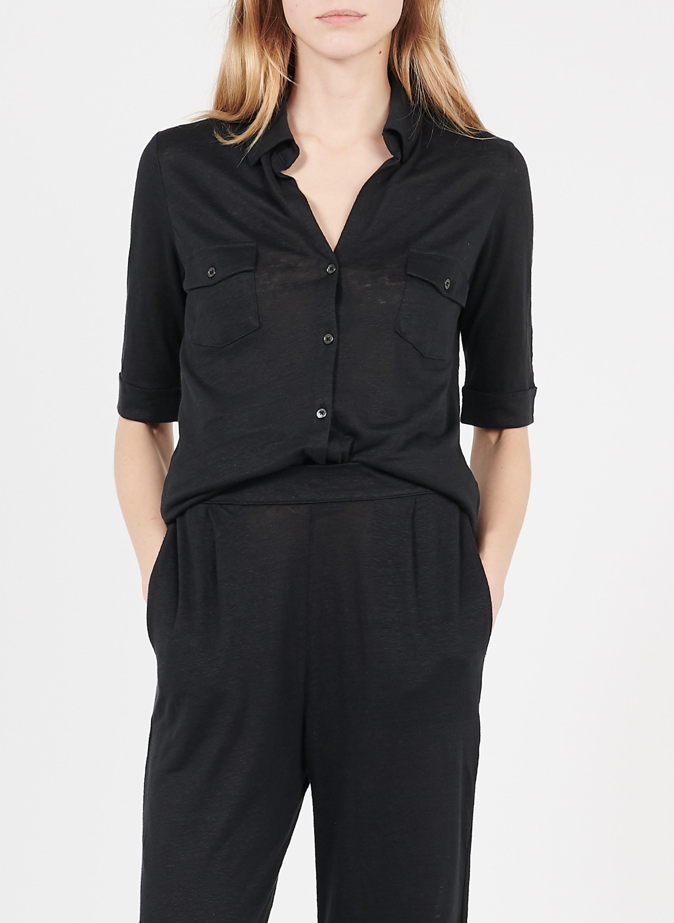 Linen-blend shirt with classic collar MAJESTIC FILATURES Black