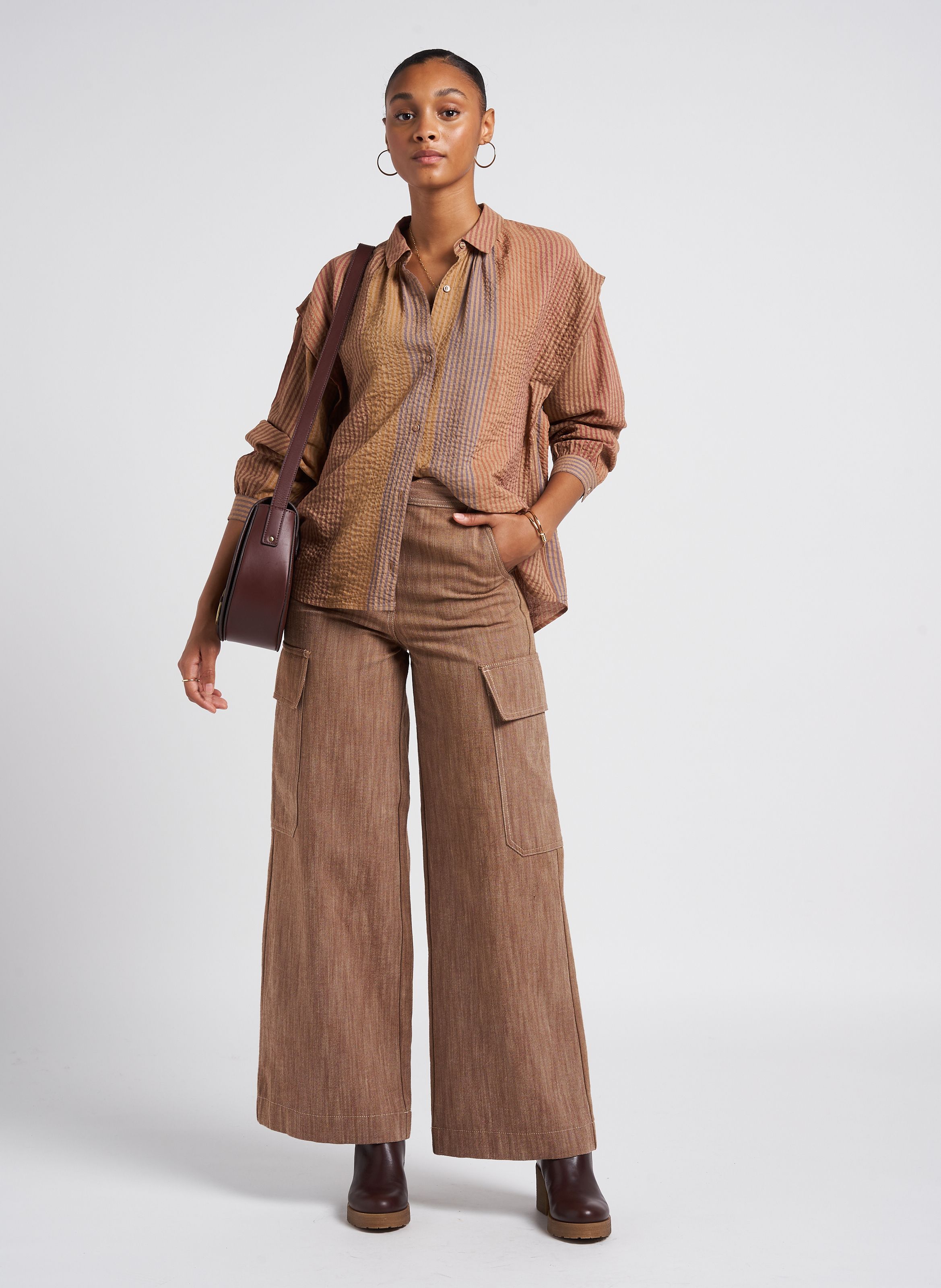 Mix Pleat | Women And Classic Sessun Detail Mocha Flat Place Loose-fitting Shirt With - Collar des Tendances