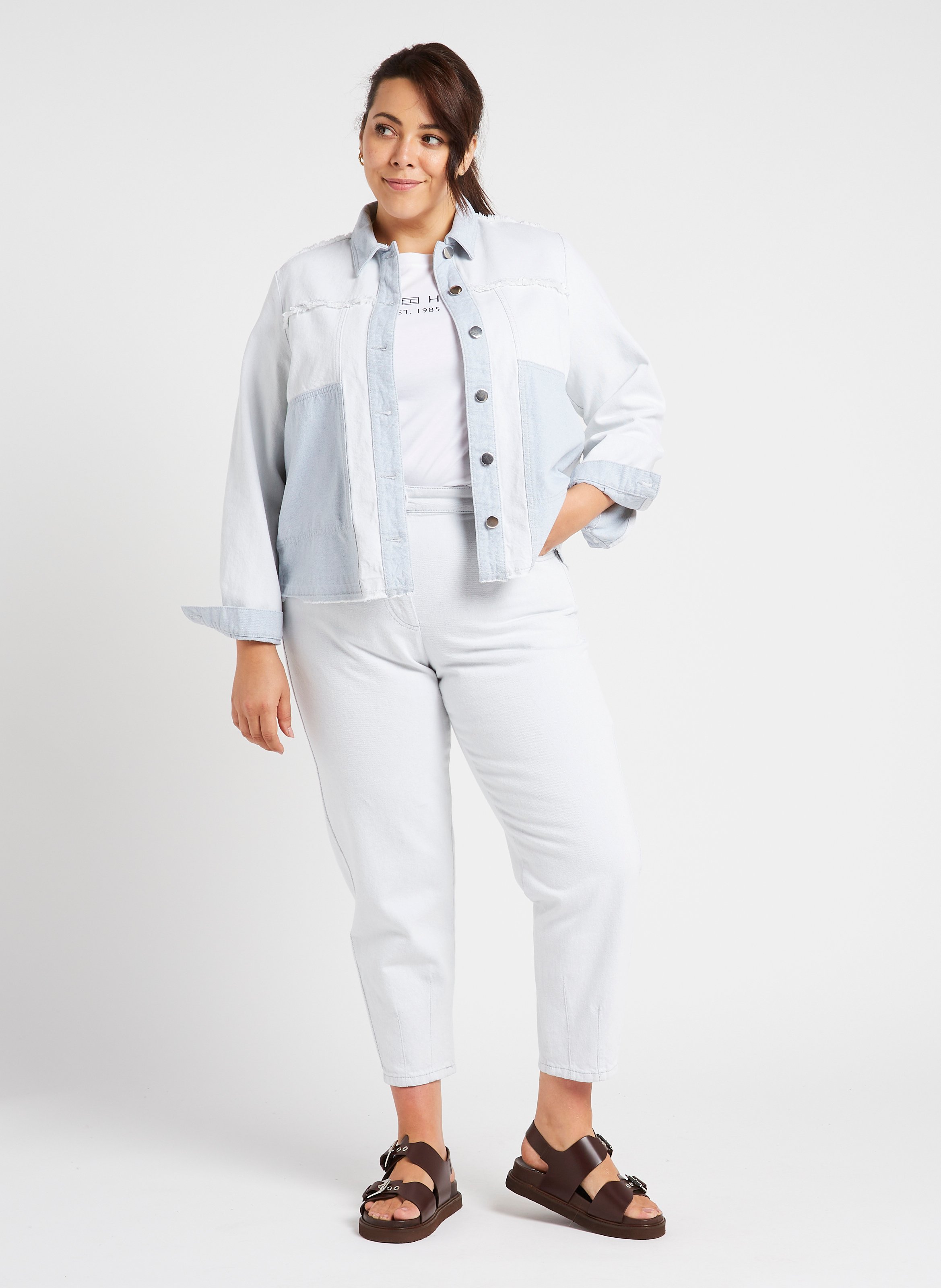 Veste en jean droite patchwork en coton PERSONA by Marina Rinaldi Bleu