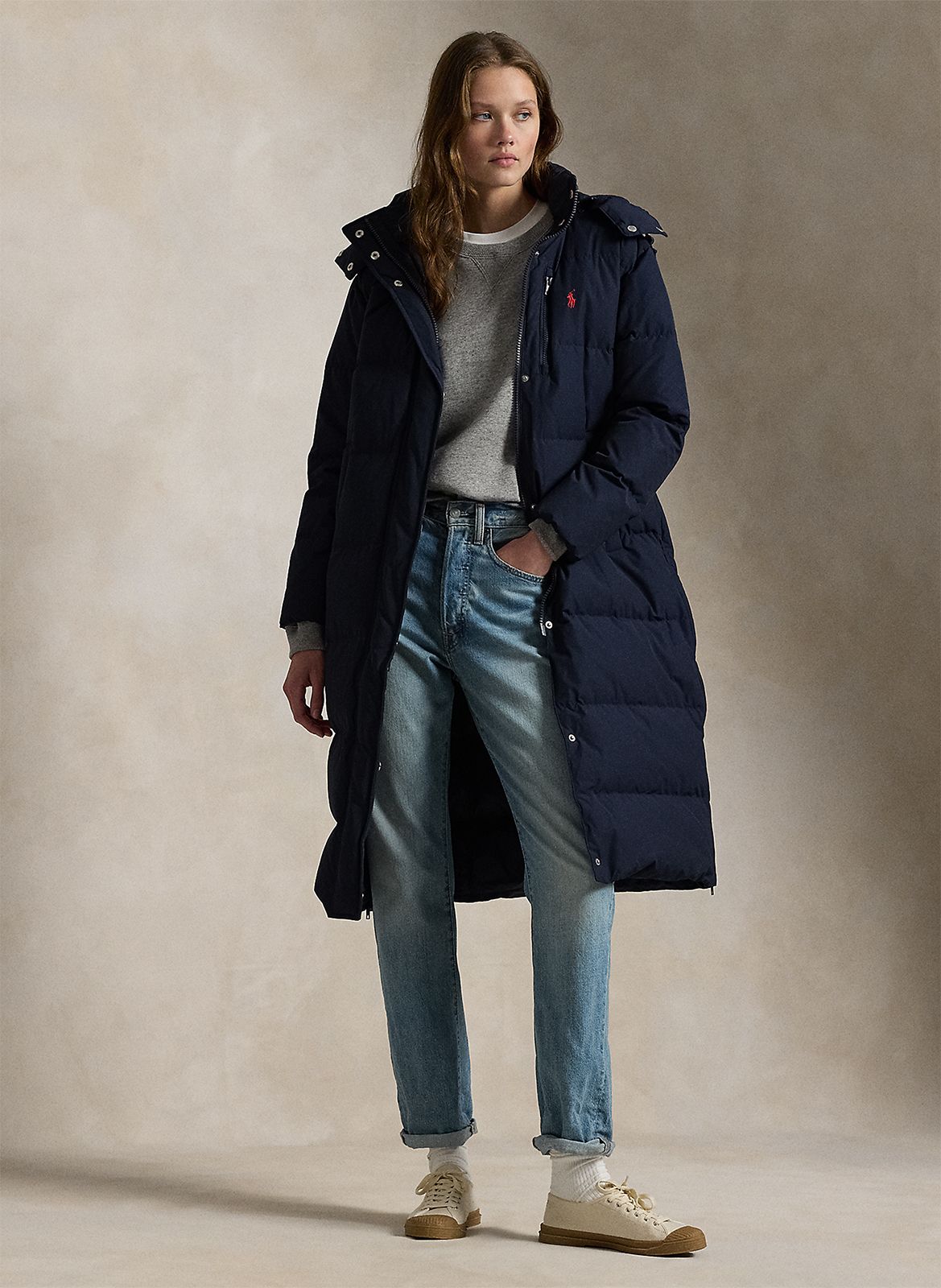 Blue Long puffer jacket with high collar in blended cotton