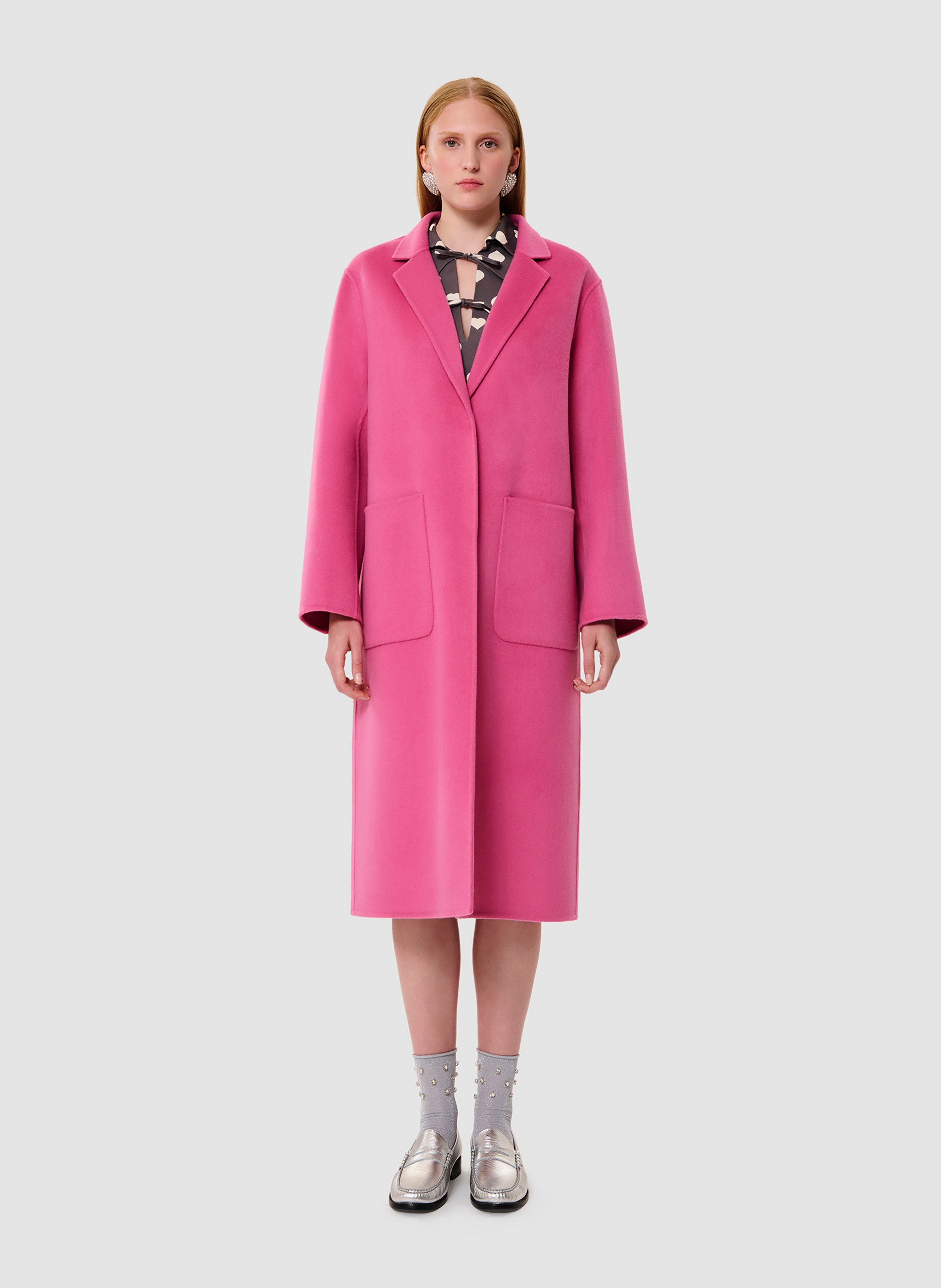 Tendance Manteau Rose Long Manteau Col Tailleur En Laine Mélangée