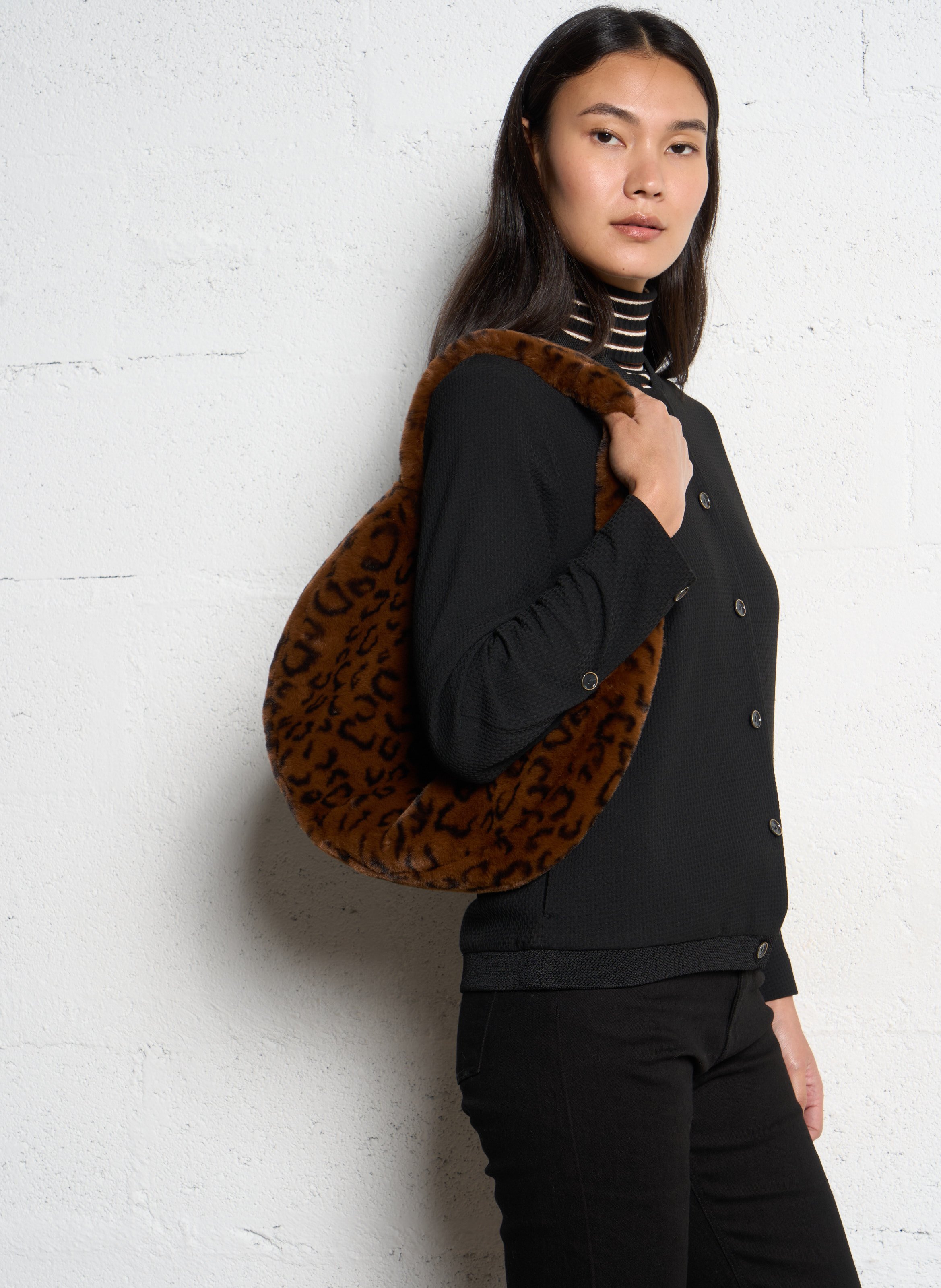 Faux fur printed handbag ONE STEP Brown