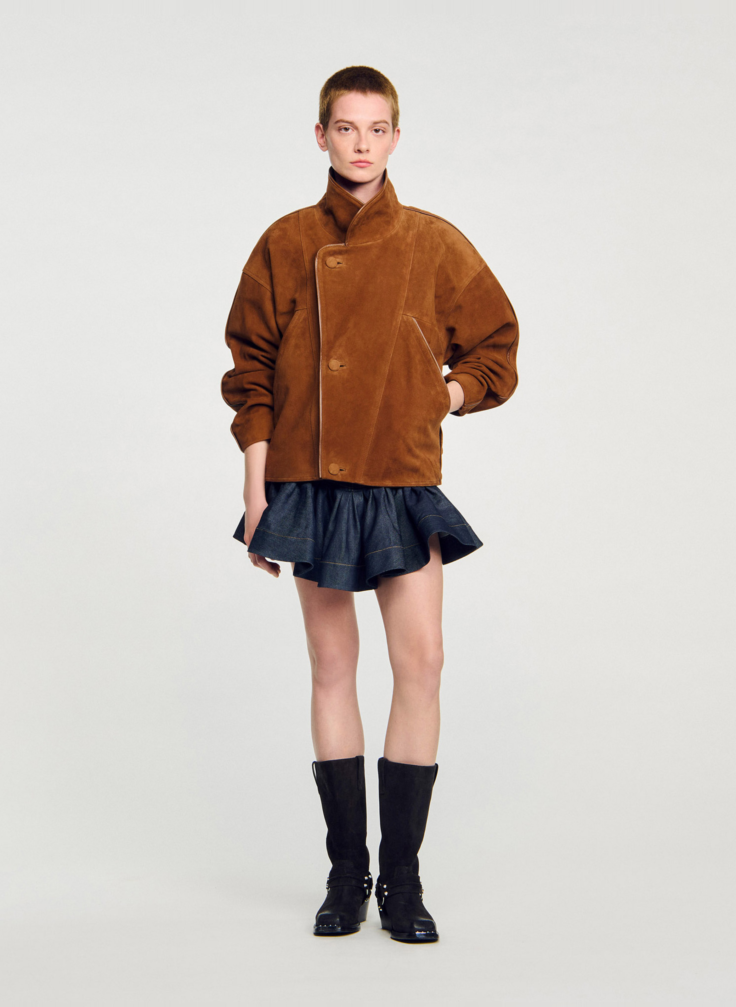 Veste col classique en cuir velours SANDRO Marron