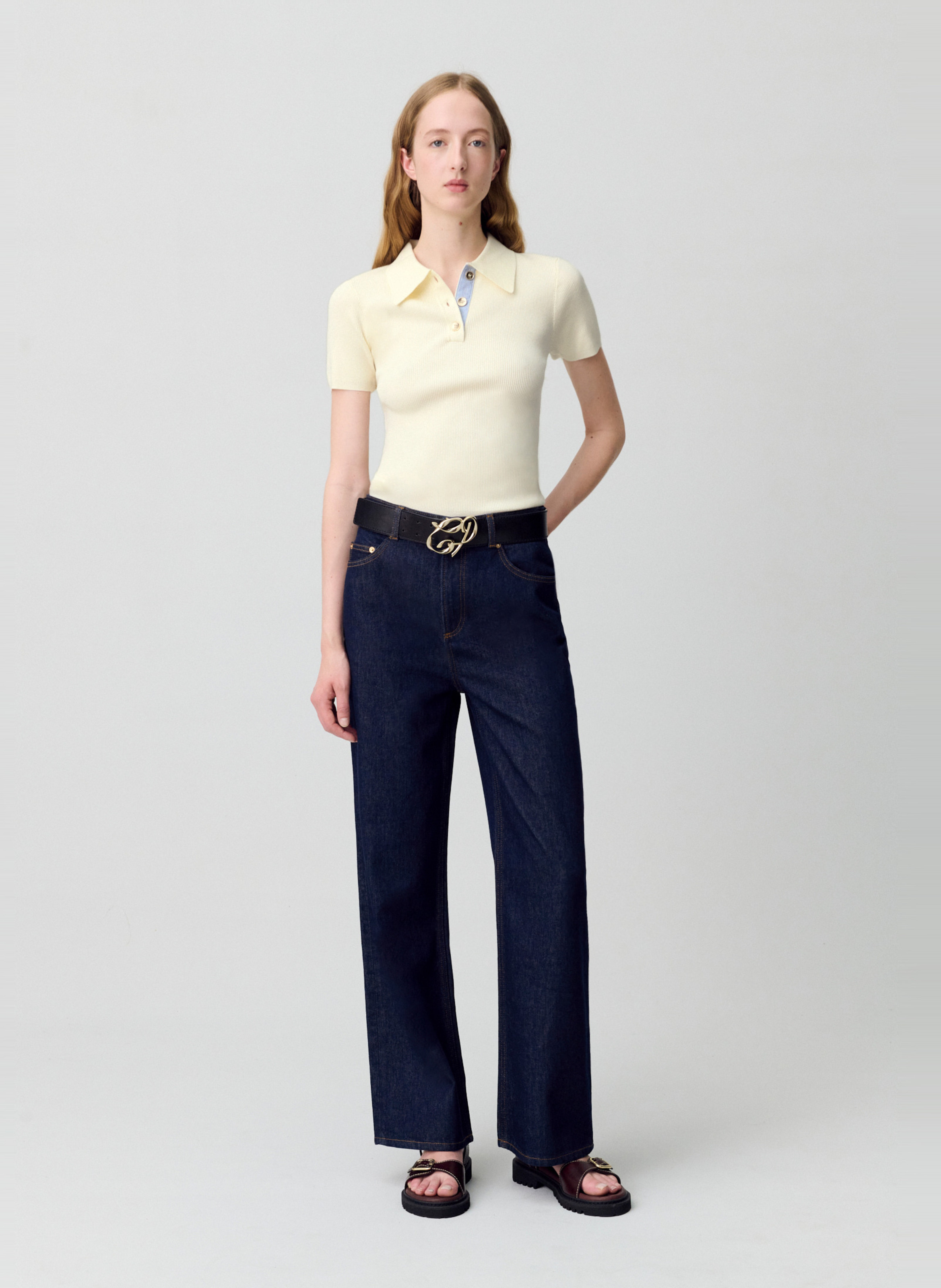 Ribbed short-sleeve plain polo CLAUDIE PIERLOT Beige