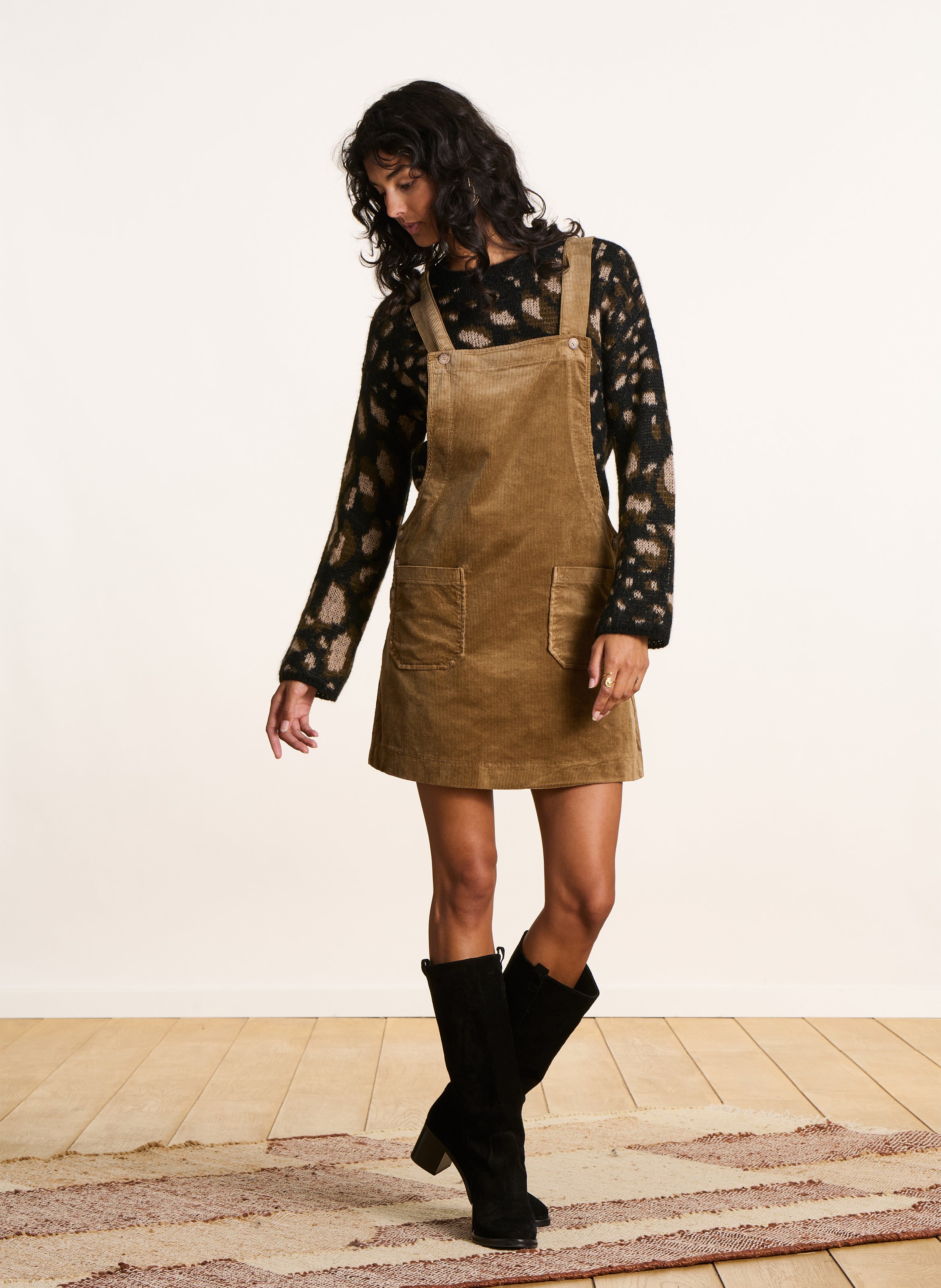 Korte jurk met vierkante hals - katoenblend LA FEE MARABOUTEE Bruin