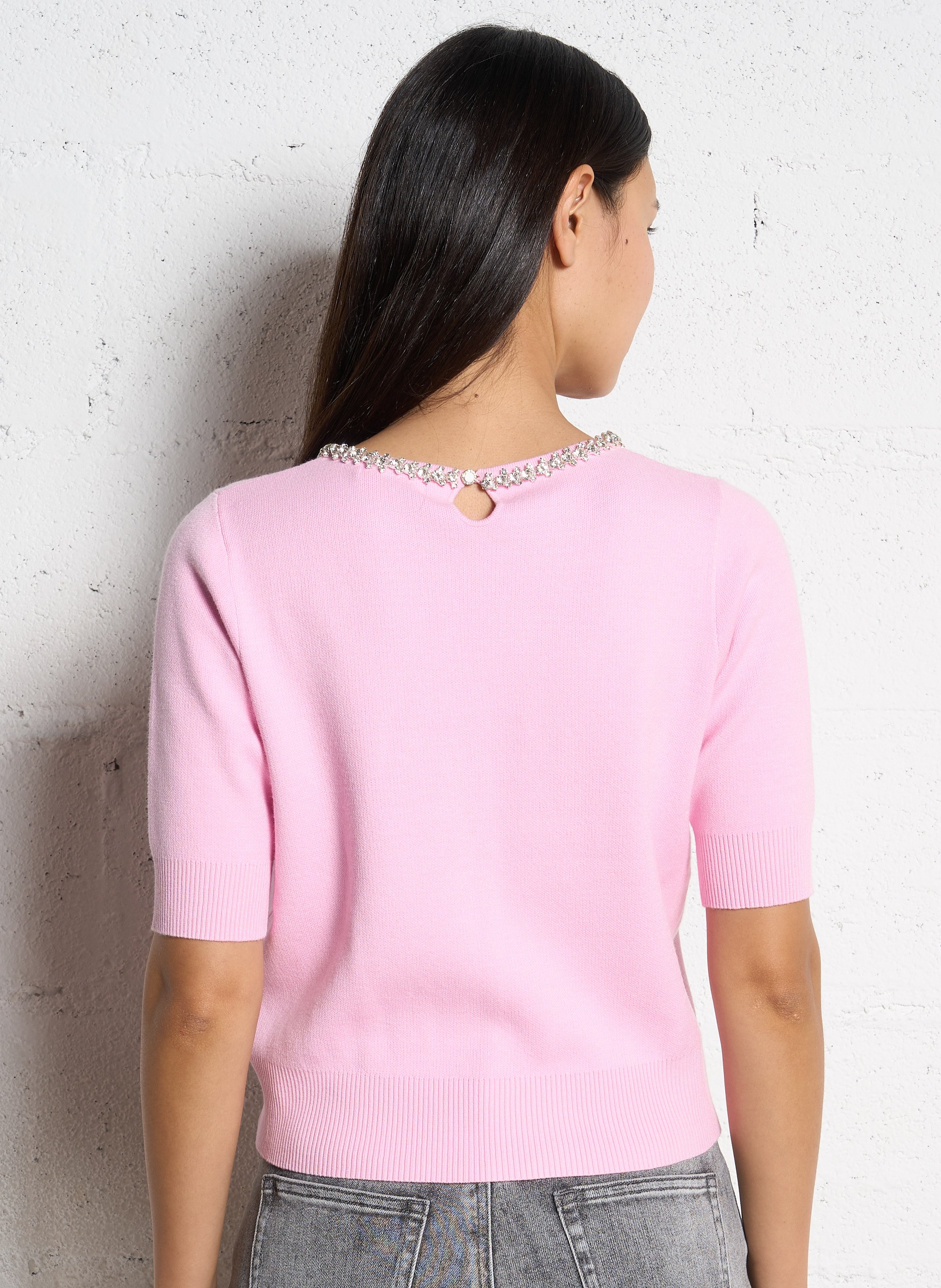 Pull uni droit à col rond strass SUNCOO Rose