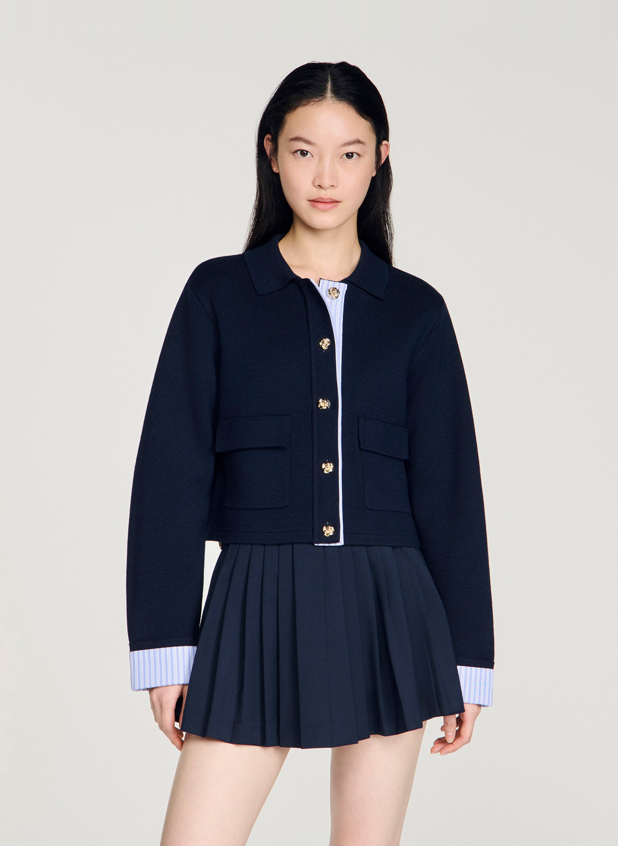 Kort vest met gestreept detail van gemengde wol SANDRO Blauw