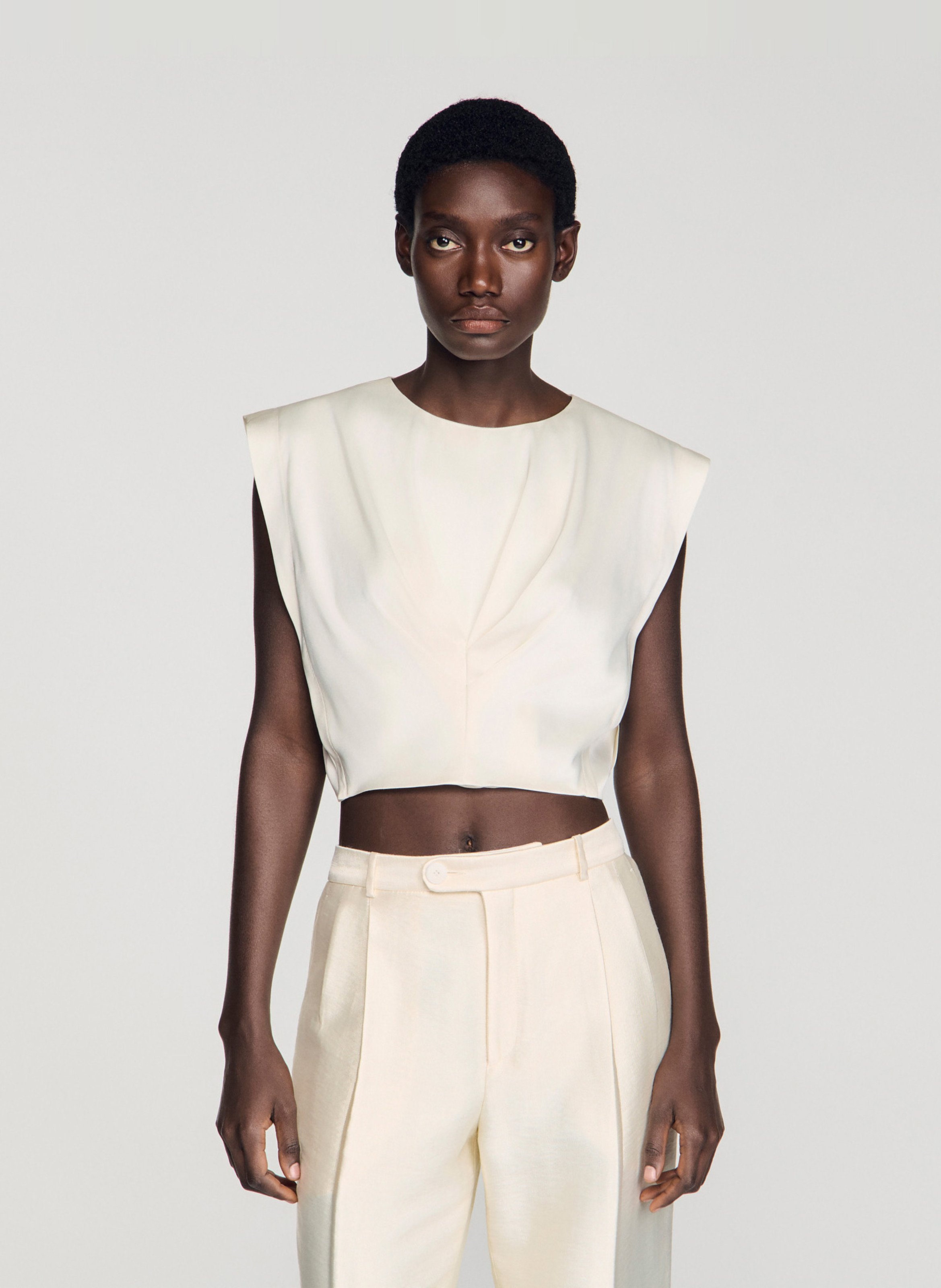 Round-neck satin-finish straight-cut top SANDRO Beige