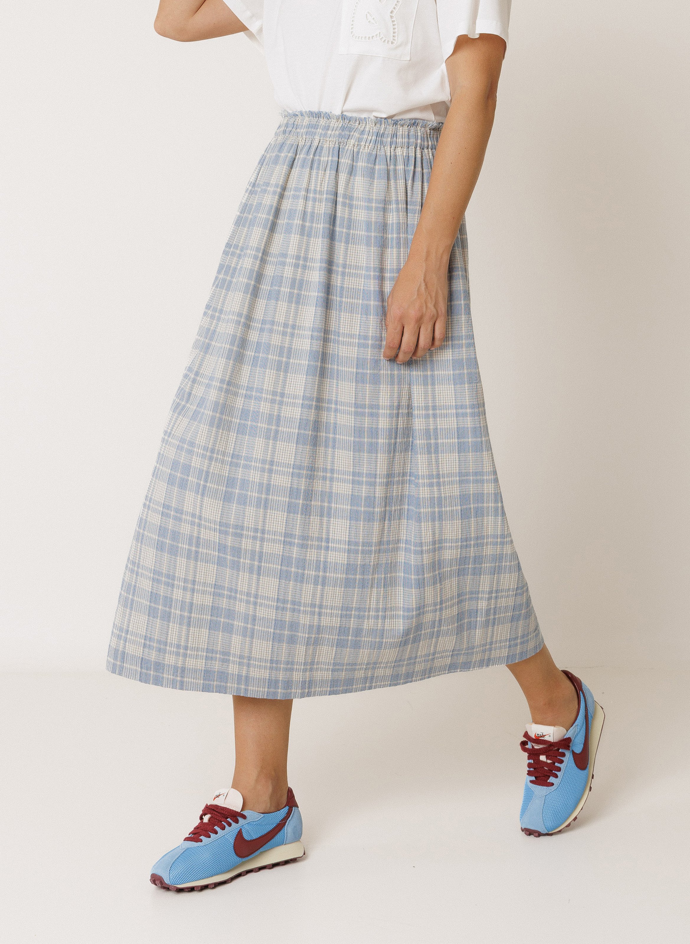 Jupe longue fluide à carreaux INDI & COLD Bleu