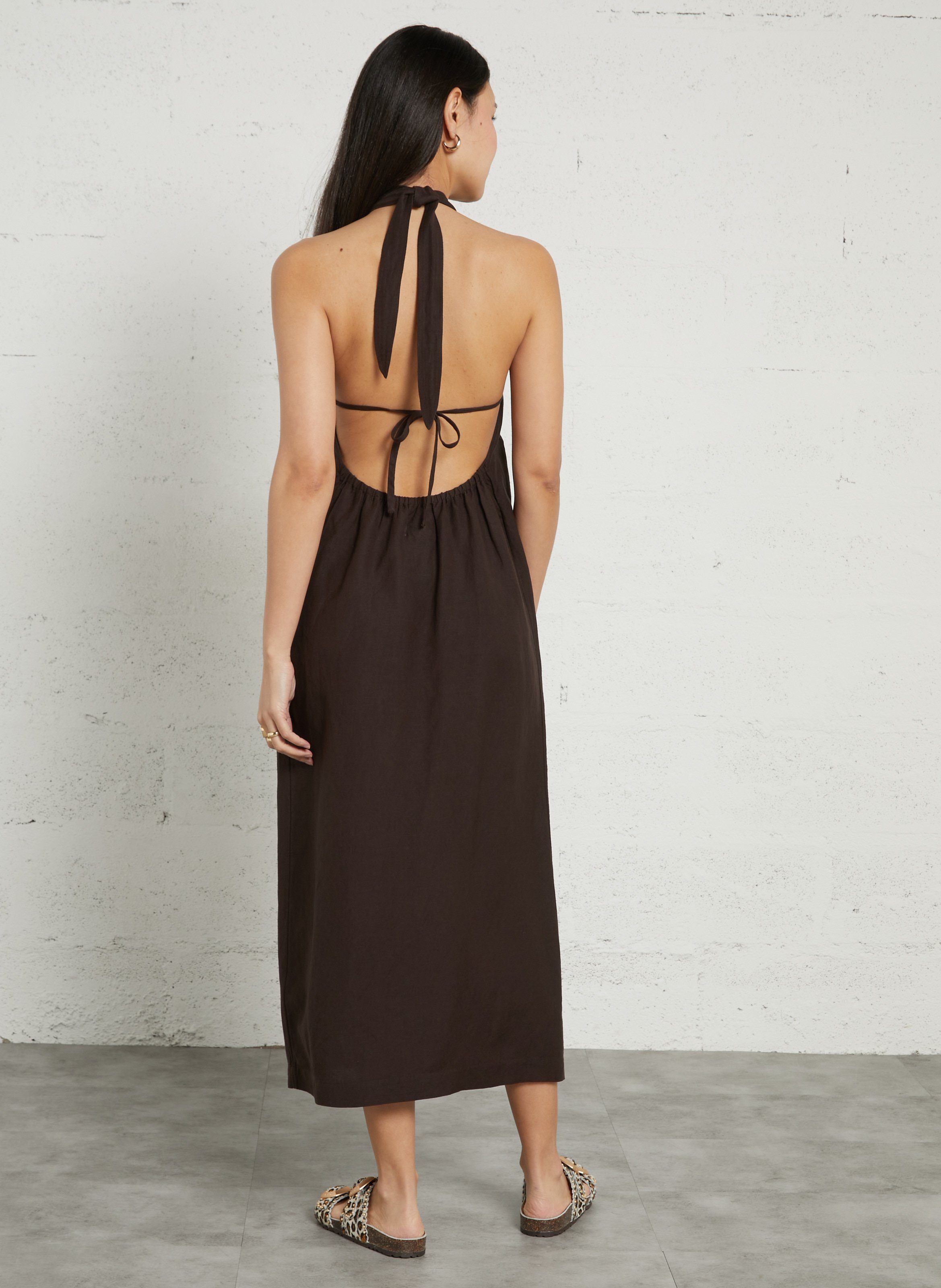 Robe midi dos nu en lin mélangé DES PETITS HAUTS Marron