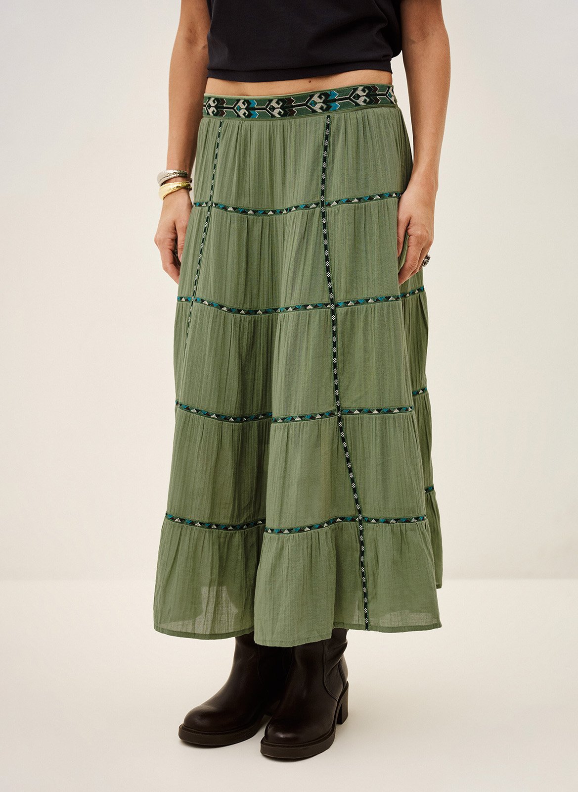 Jupe longue évasée à broderies BA&SH Vert