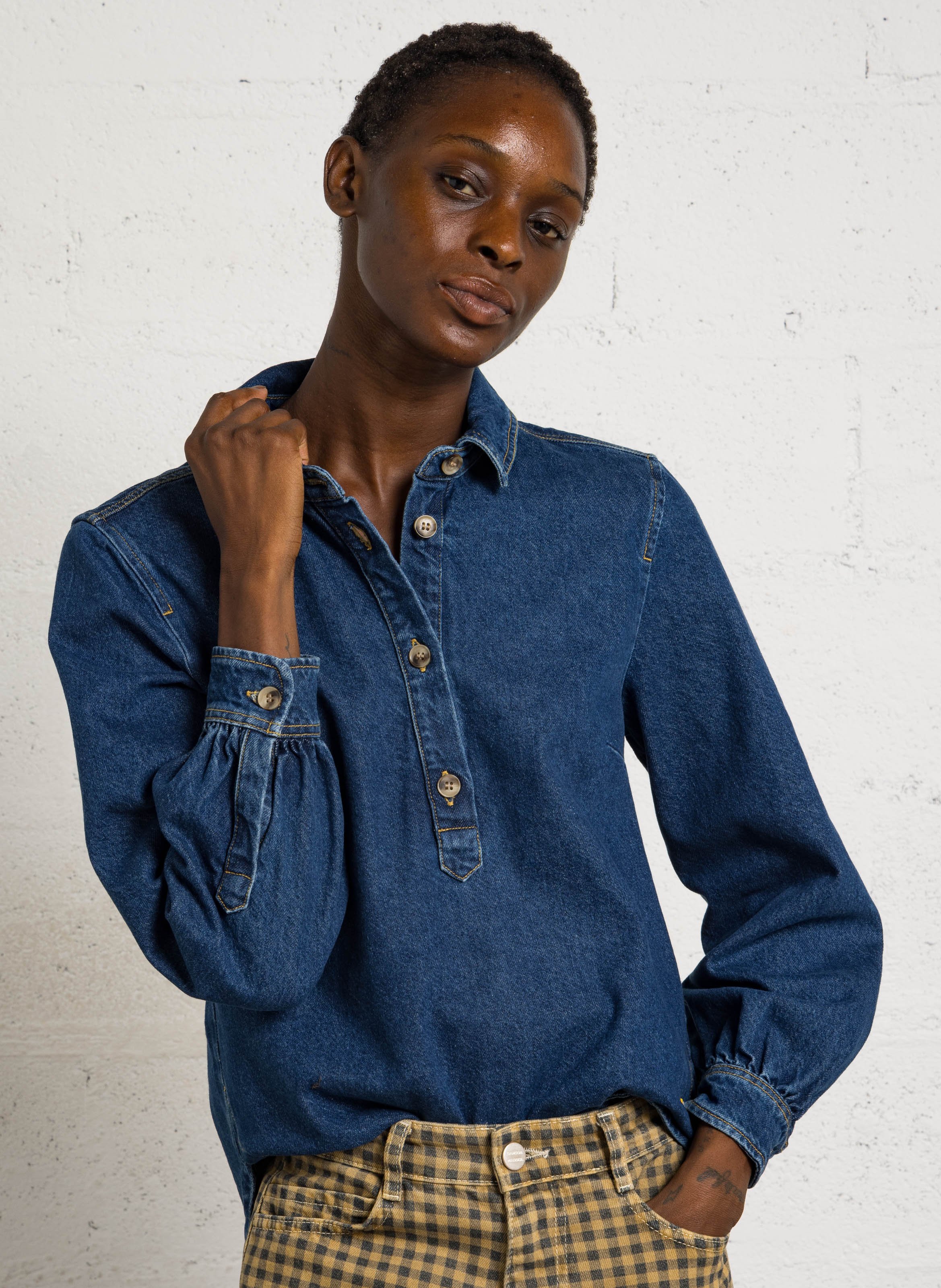 Blouse met polokraag van katoenen denim ARMOR LUX Blauw