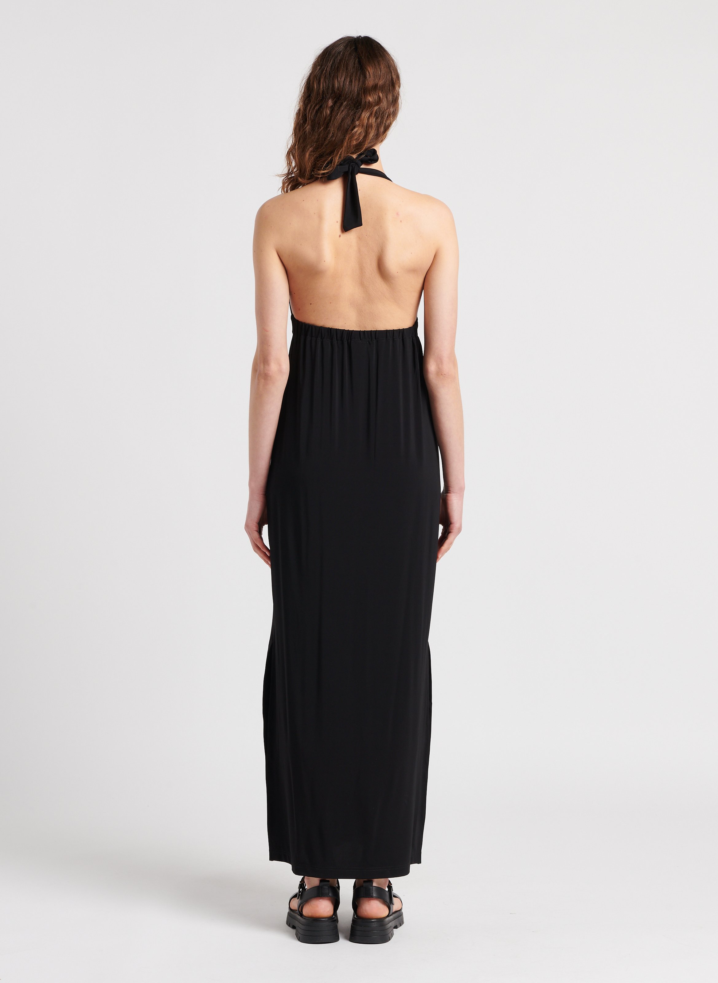 Black Long V neck low cut flowing dress in chiffon dress