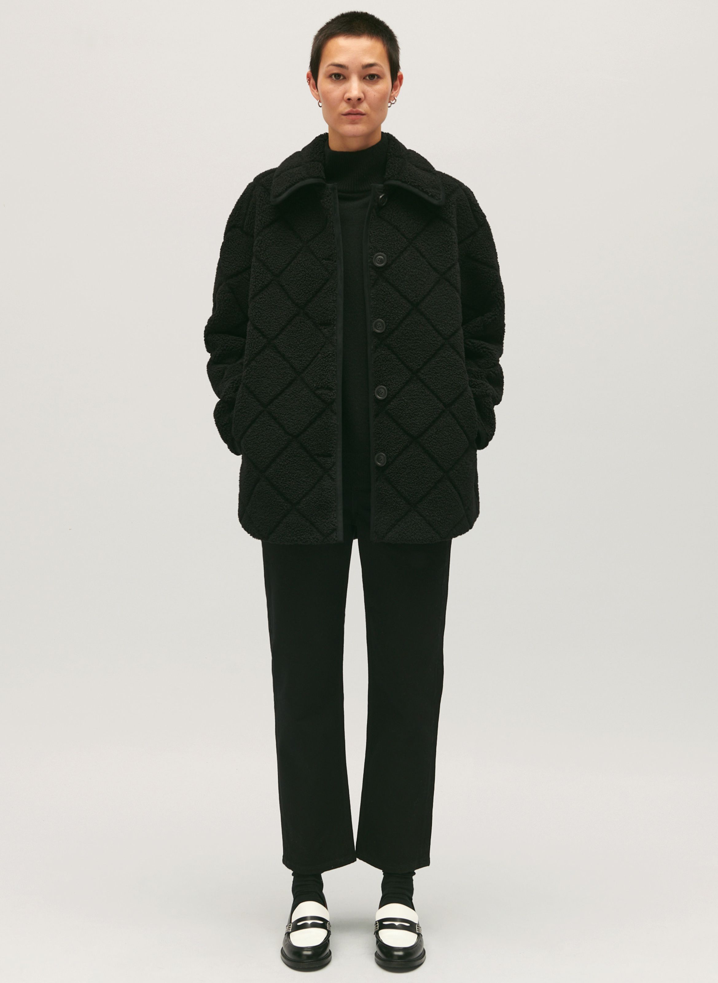 Black Straight sheepskin coat with Peter Pan collar