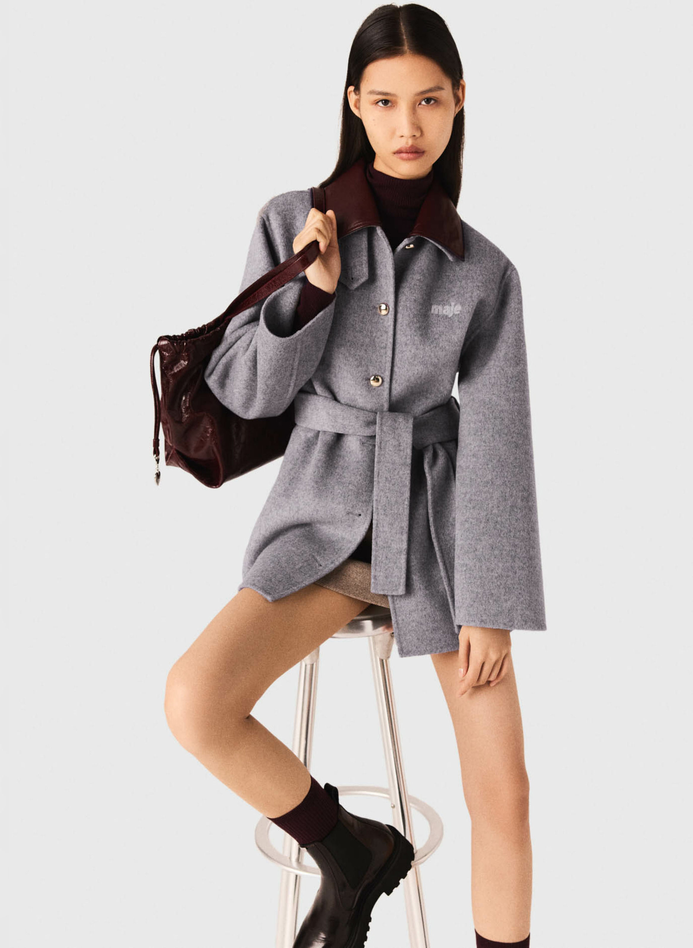 Manteau droit en laine mélangée MAJE Gris