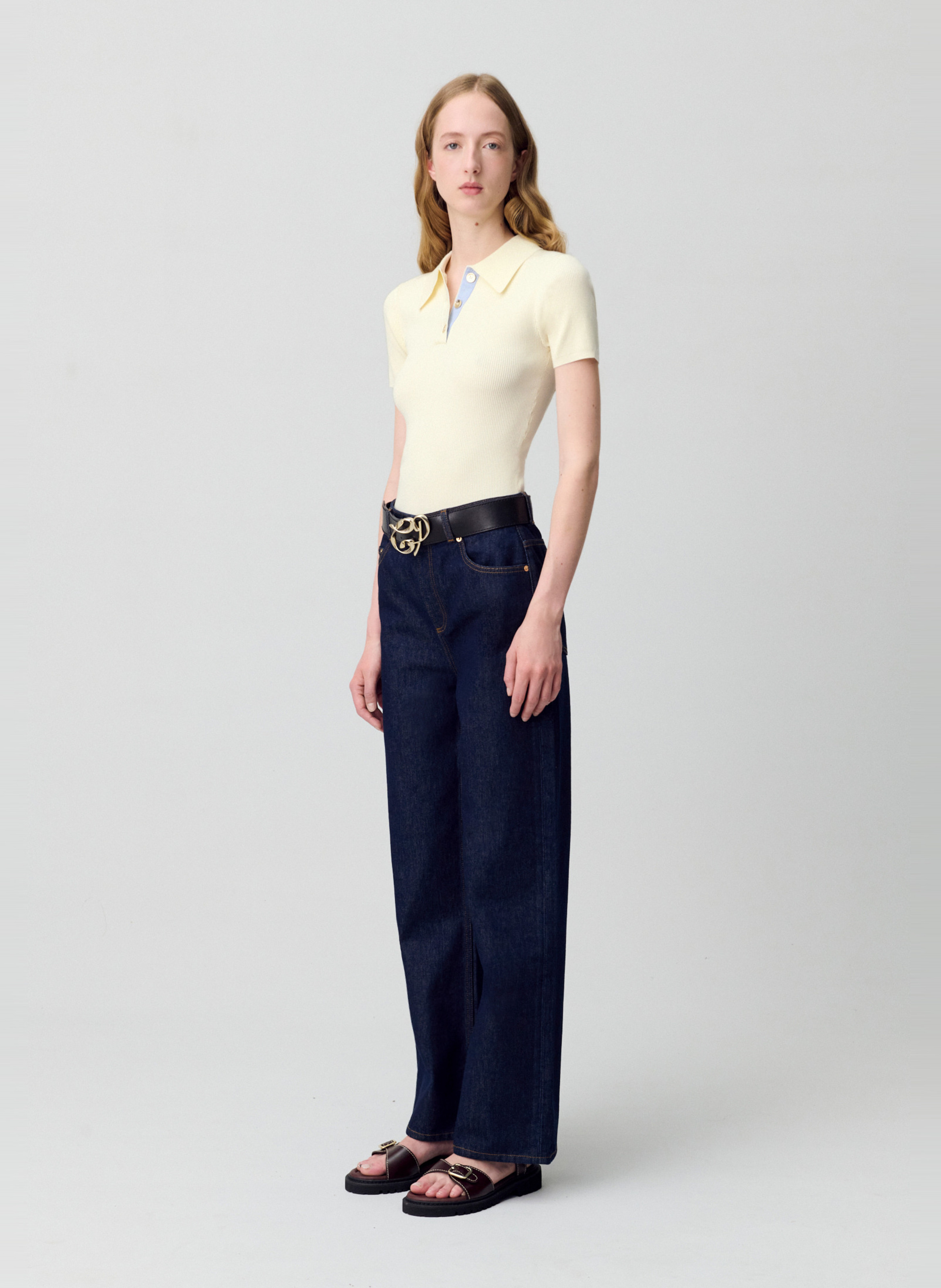 Ribbed short-sleeve plain polo CLAUDIE PIERLOT Beige