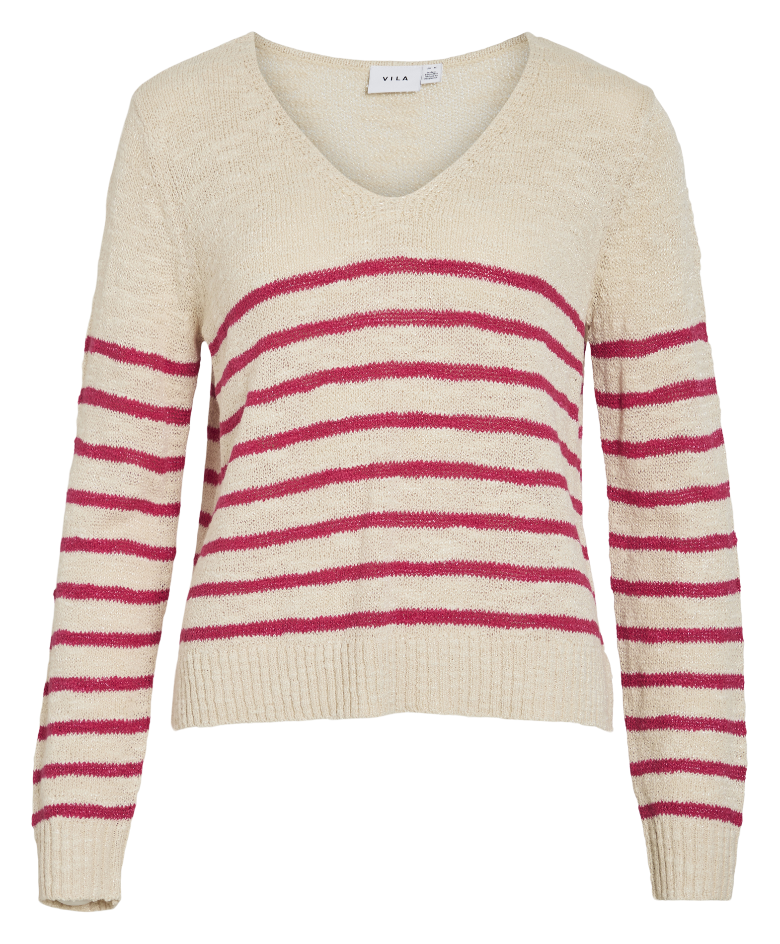 Pull col V rayé en coton mélangé VILA Beige