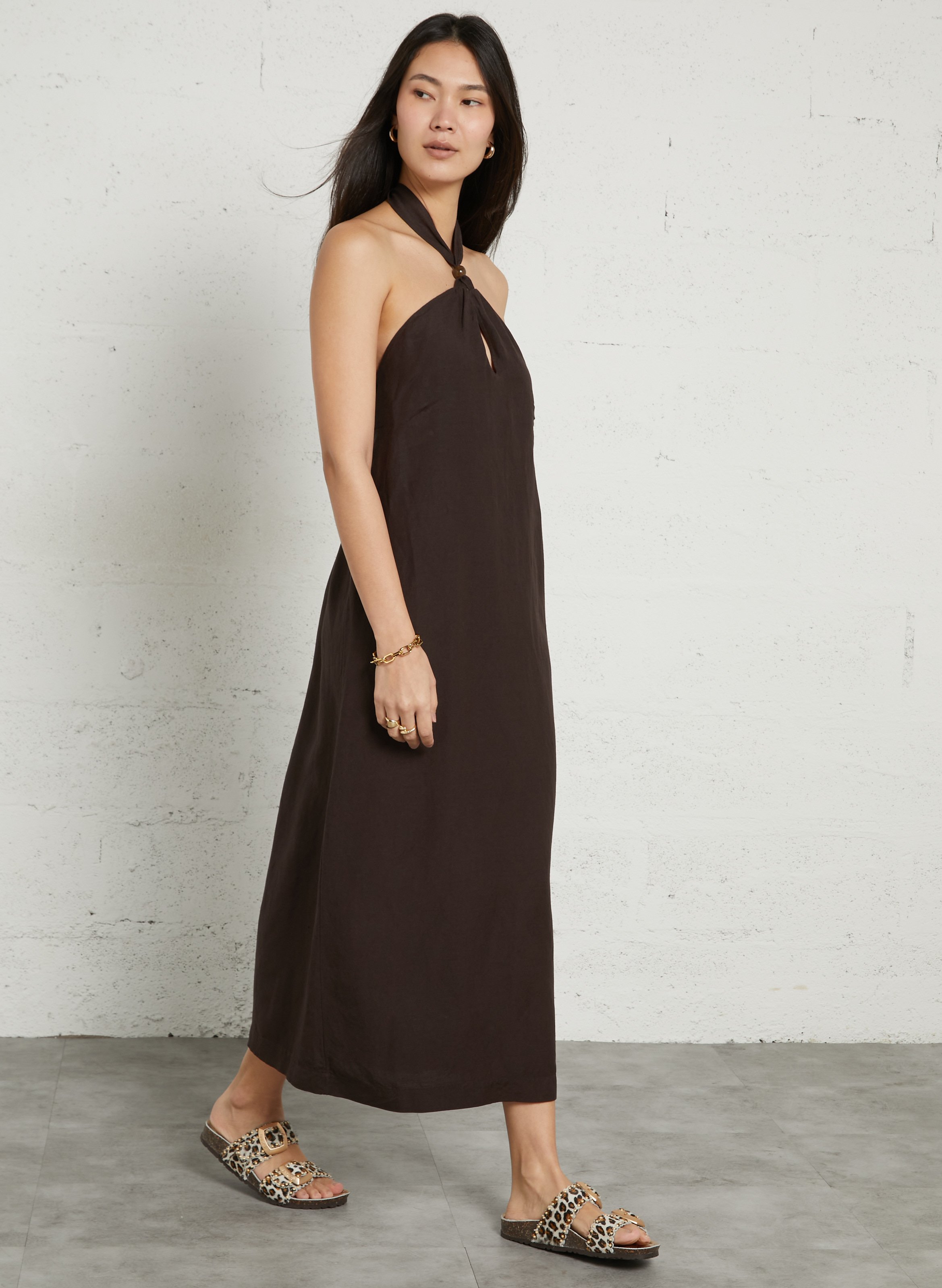 Robe midi dos nu en lin mélangé DES PETITS HAUTS Marron