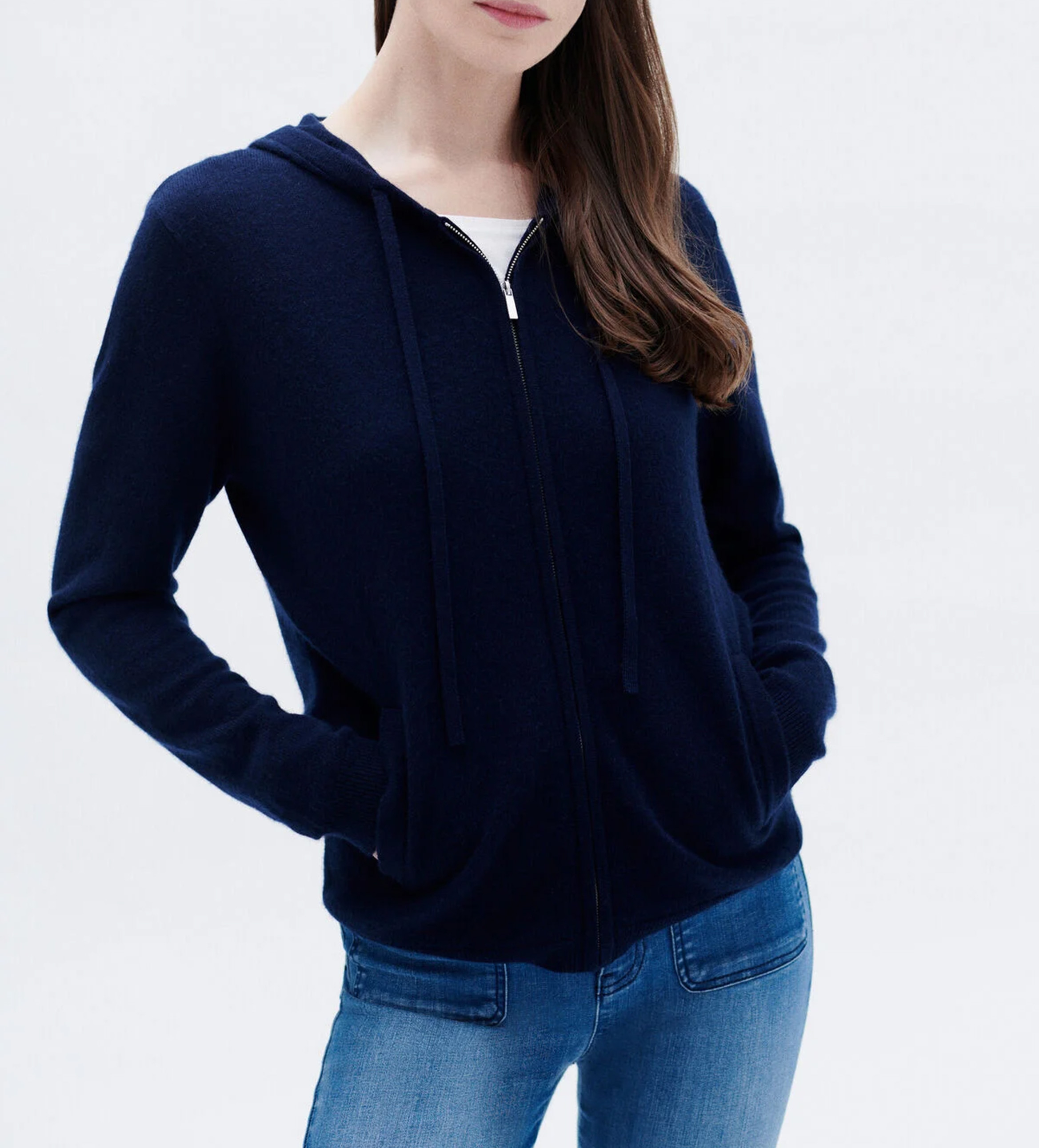 Gerader Woll- und Kaschmir-Strickmantel mit Kapuze CAROLL Blau