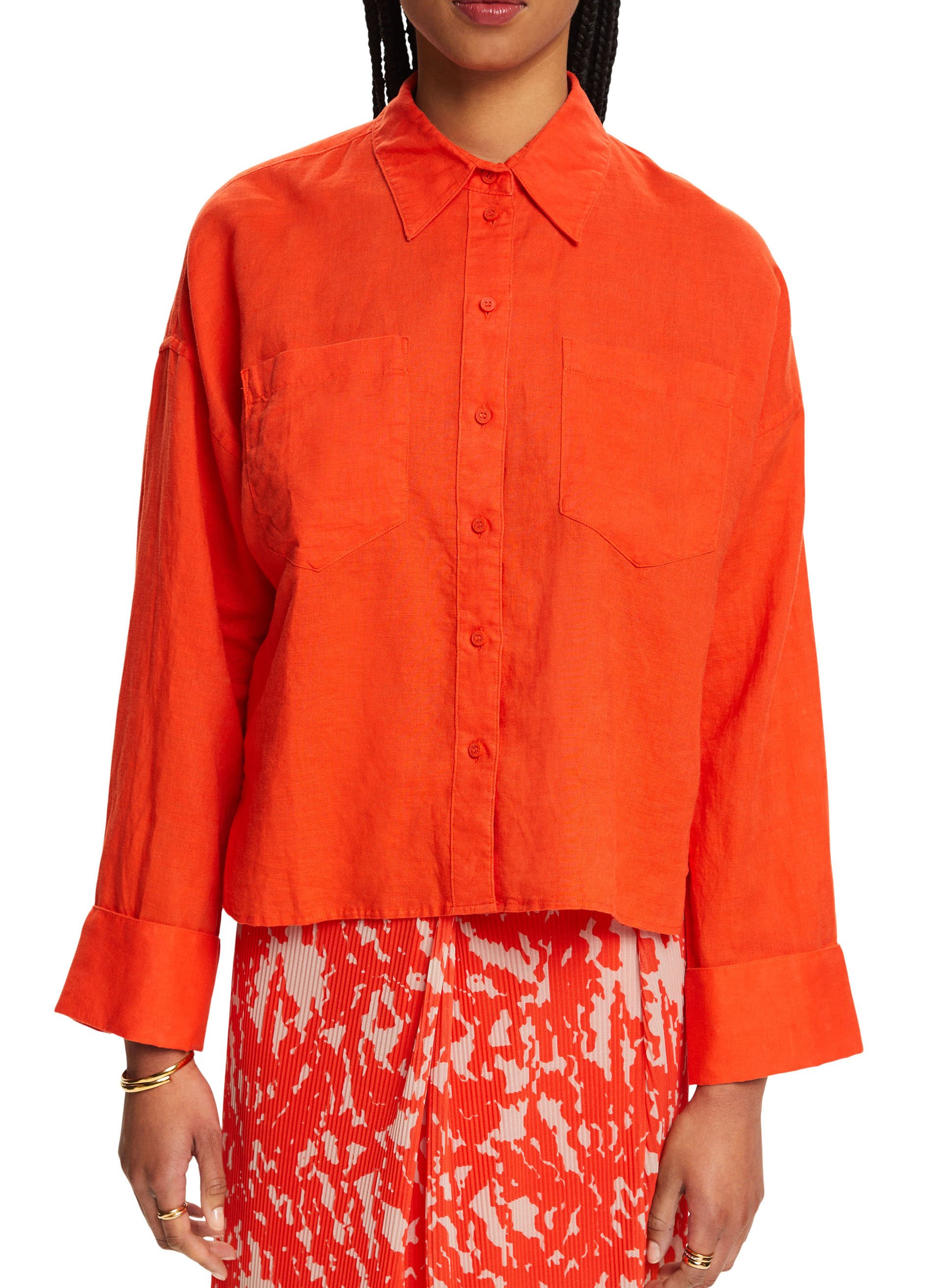 Linen and cotton-blend shirt with classic collar ESPRIT Orange