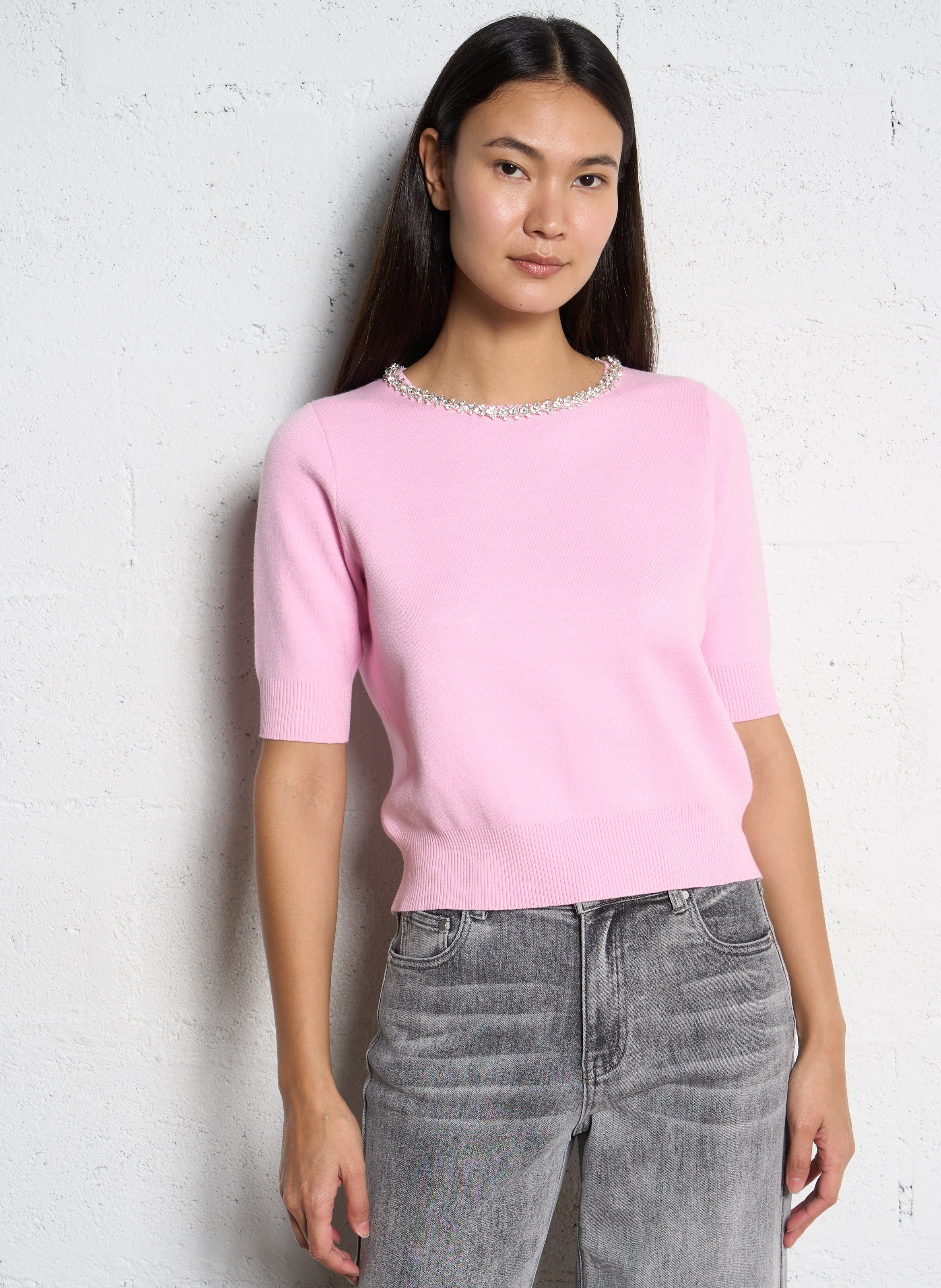 Pull uni droit à col rond strass SUNCOO Rose