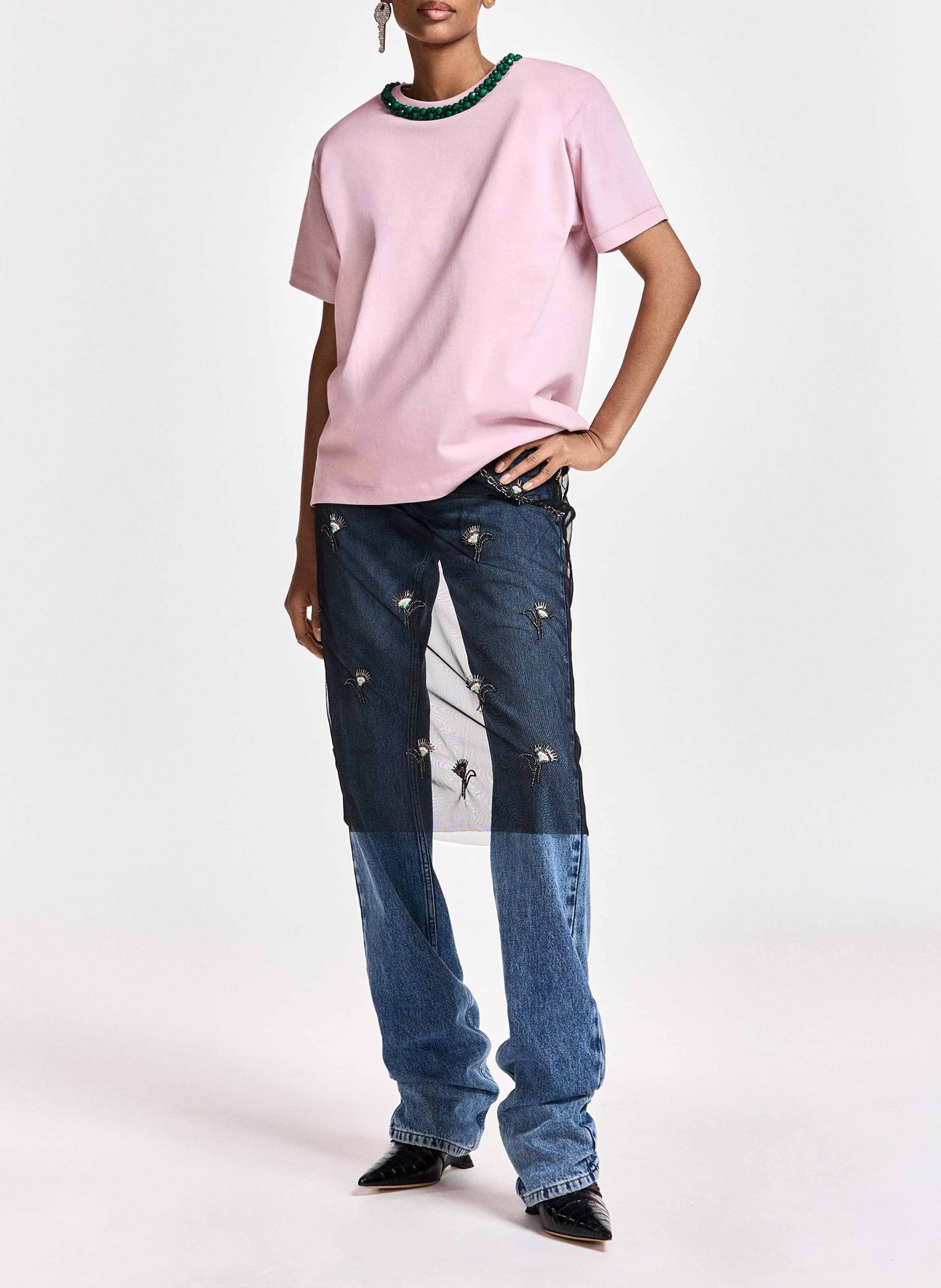 Recht T-shirt met parels van biologisch katoen ESSENTIEL ANTWERP Roze