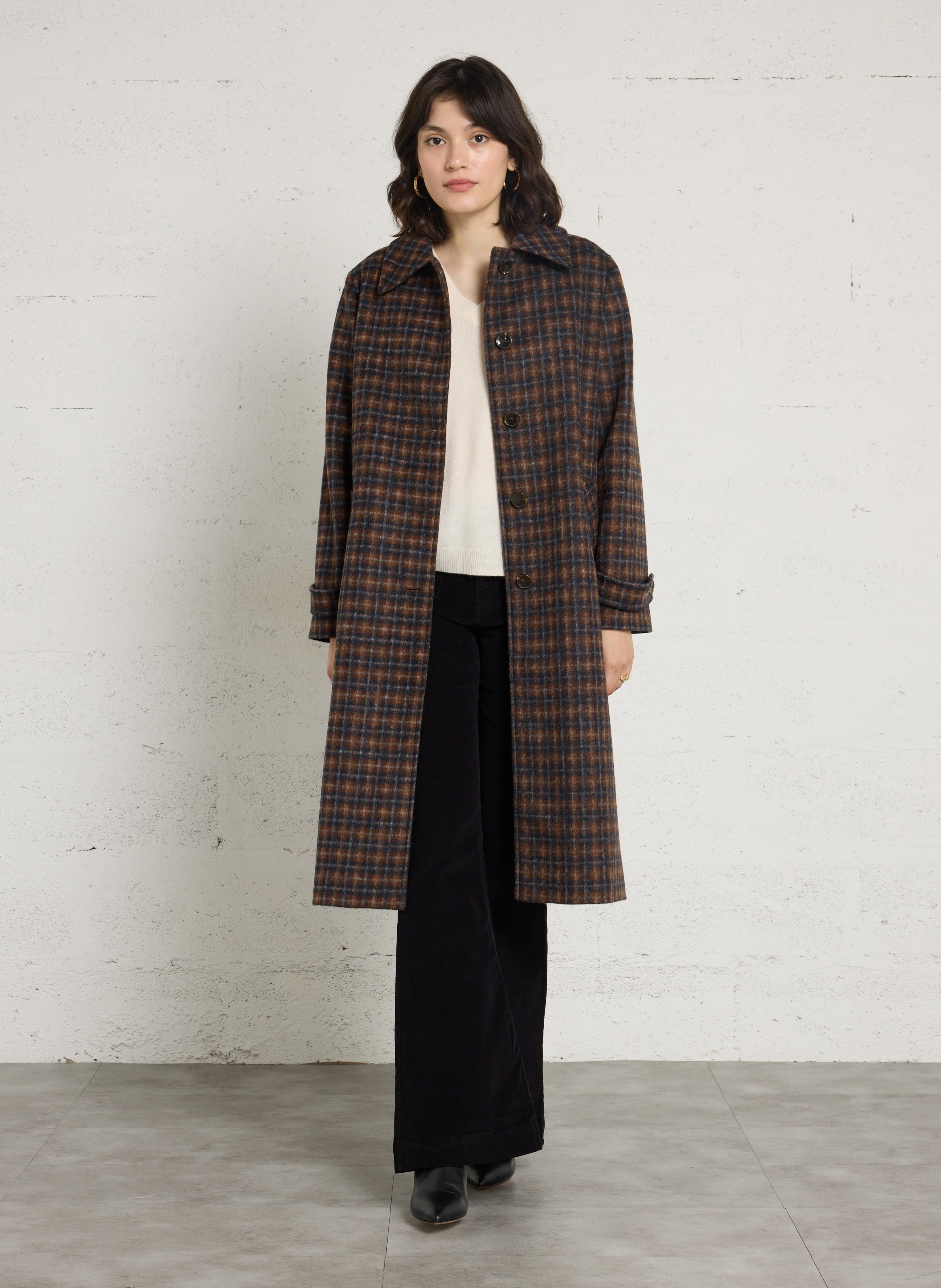 Long straight checked coat MAISON 123 Brown