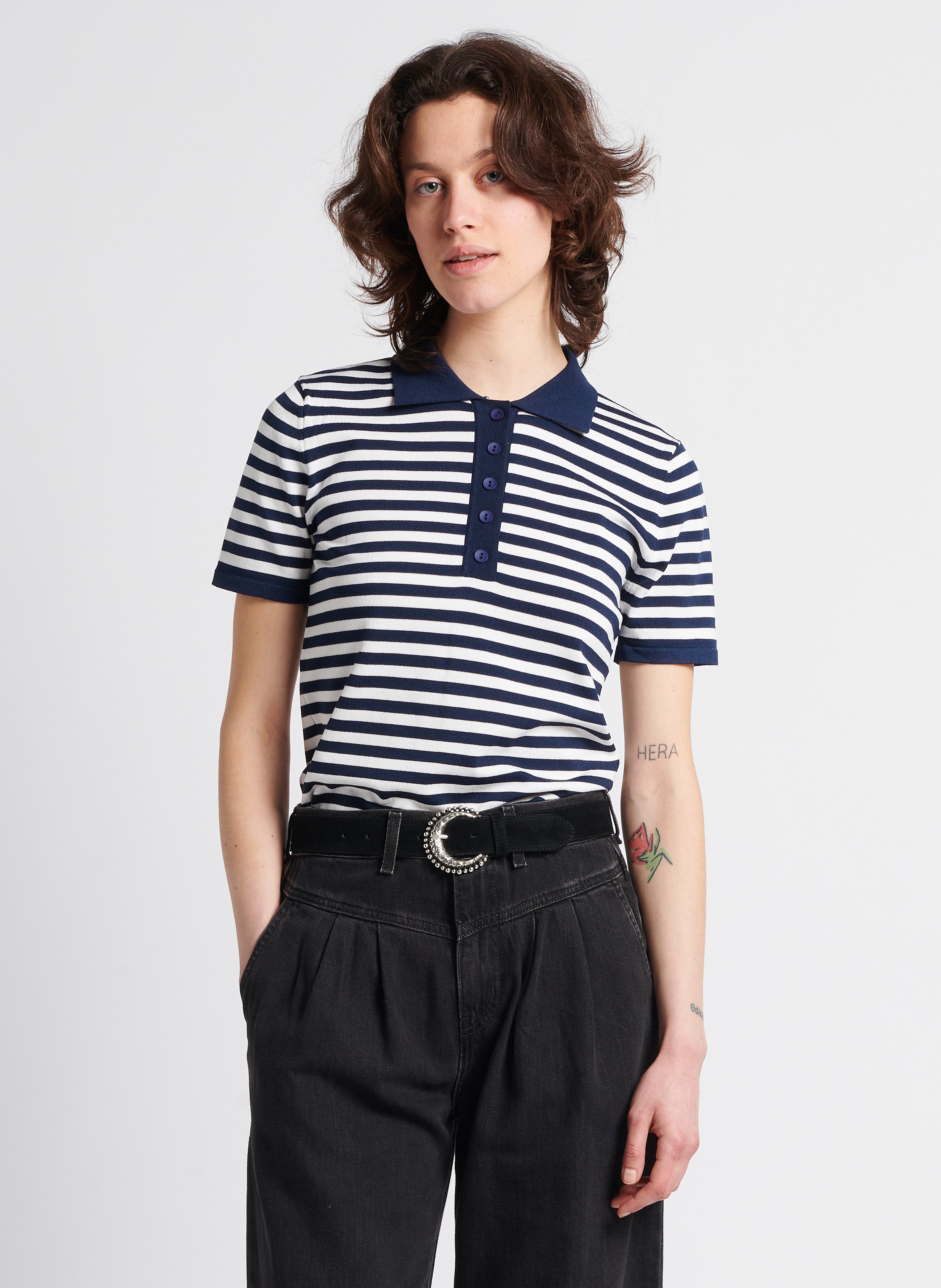 Short sleeved Striped Fine Knit Polo Bleu Karl Marc John Women 10280 BLEU BLEU Place des Tendances Europe