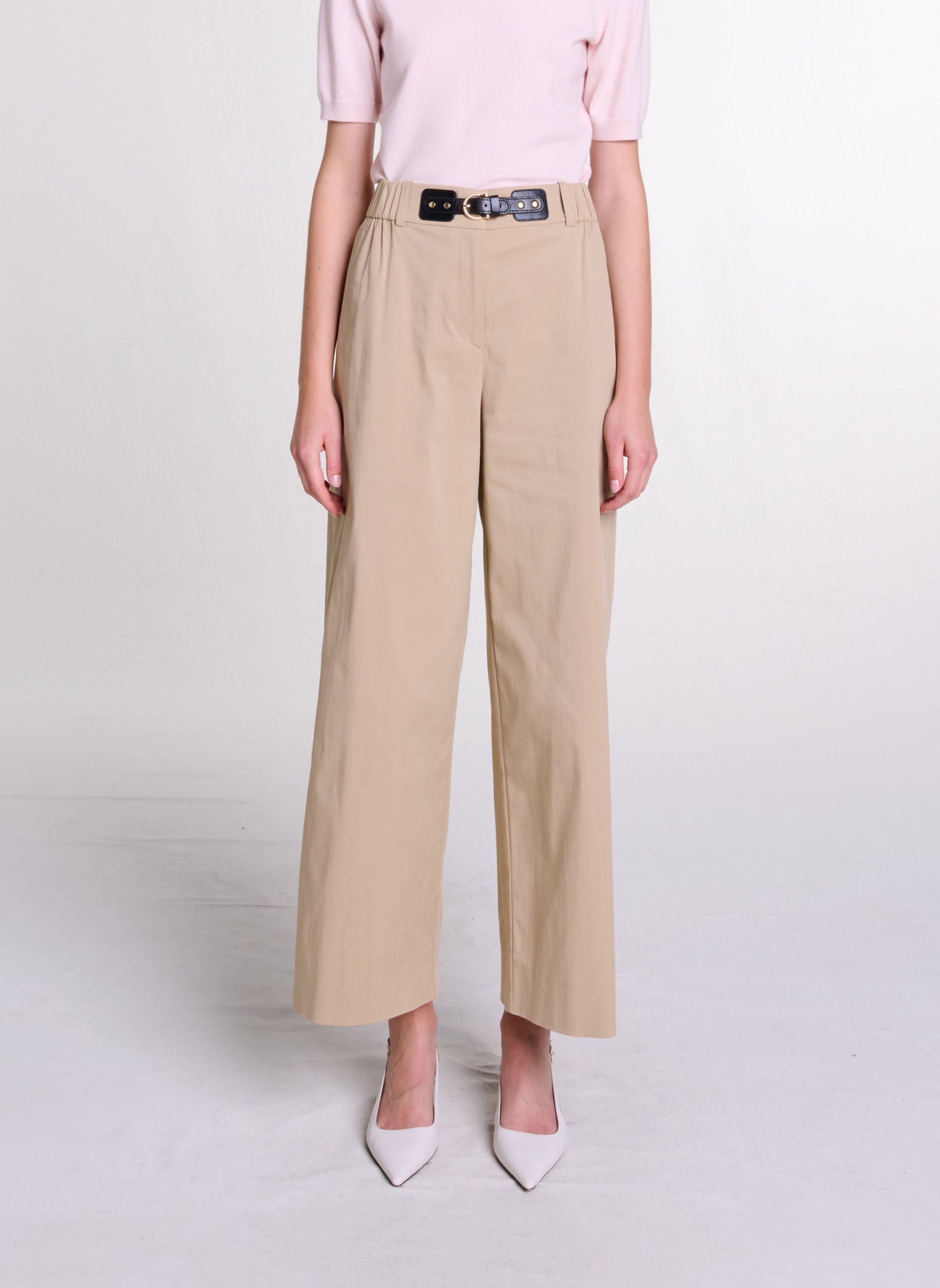 Pantalon large en coton melange Beige