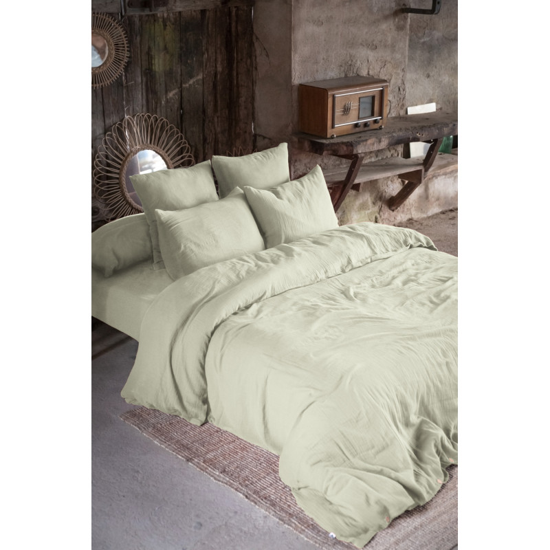 "Fitted sheet "Gaia" all sizes in "cotton gauze"" L'EFFET PAPILLON Green