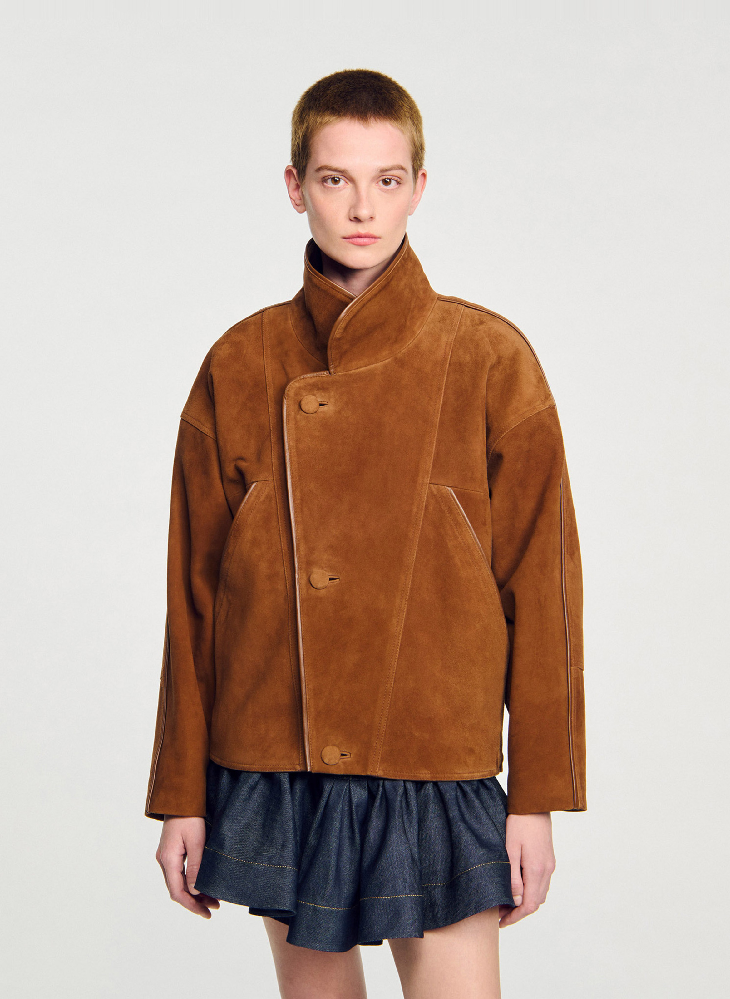 Veste col classique en cuir velours SANDRO Marron