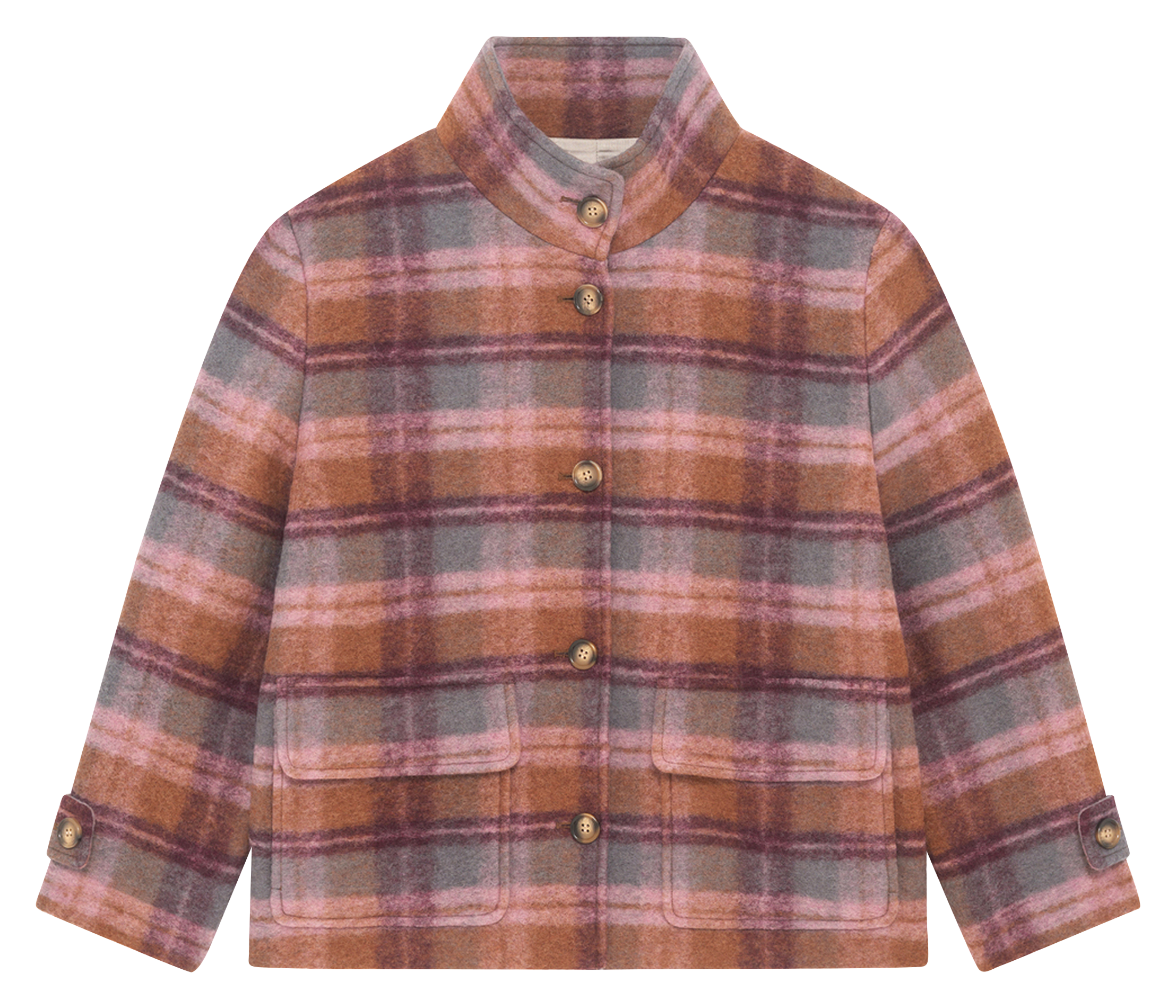 Wijde mantel met opstaande kraag en ruitjesprint Roze