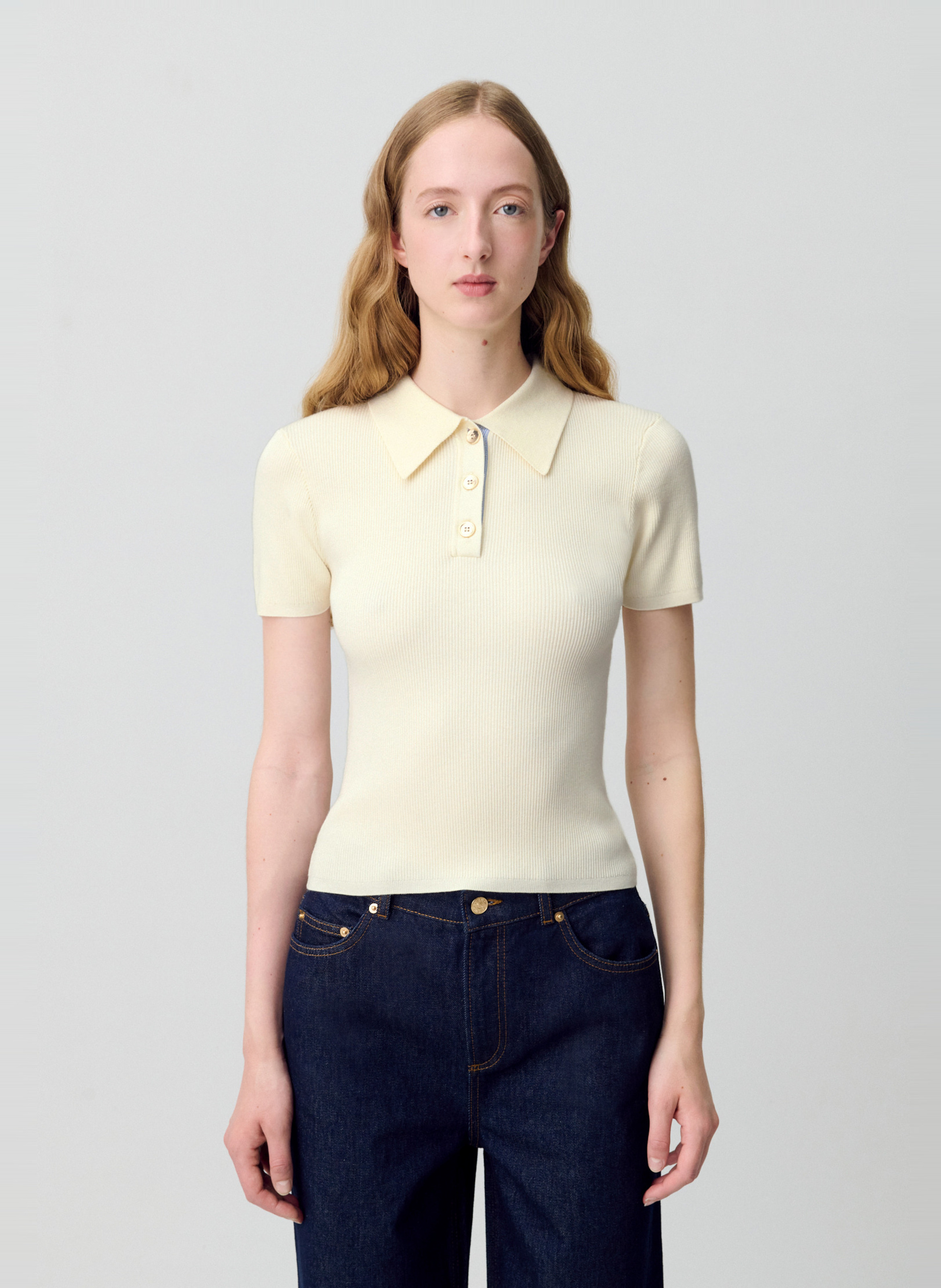 Ribbed short-sleeve plain polo CLAUDIE PIERLOT Beige