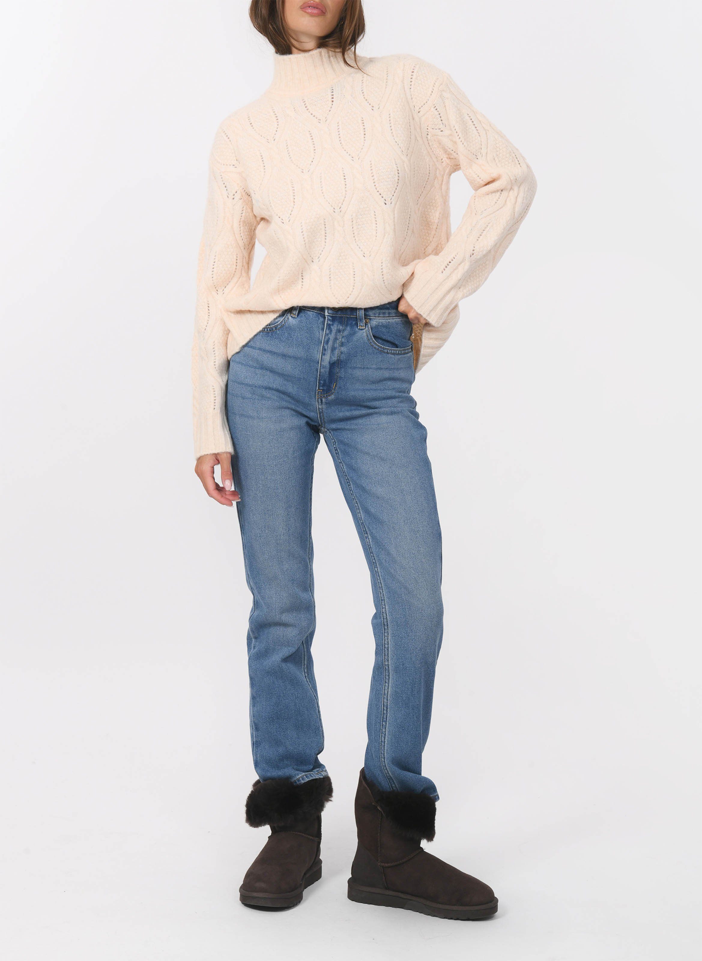 Pull droit col montant en maille torsadée KOOKAI Beige